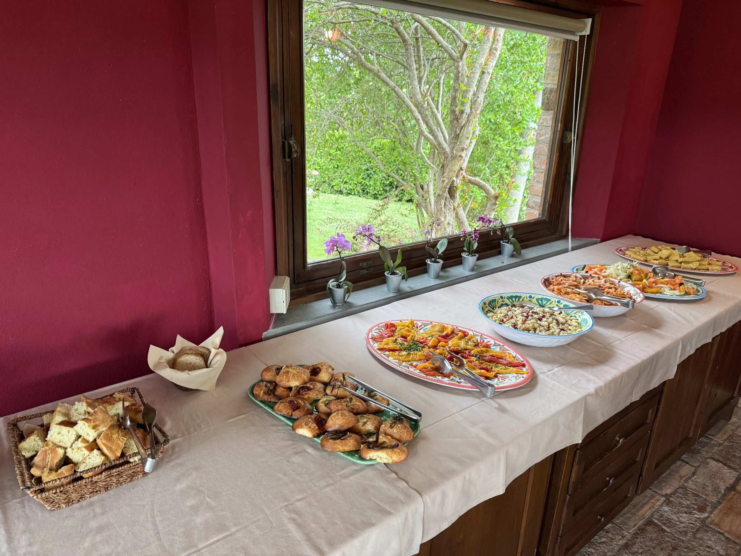 A buffet table with various dishes, including salads, bread, and pastries, set near a window overlooking a lush green backyard with trees and plants.
