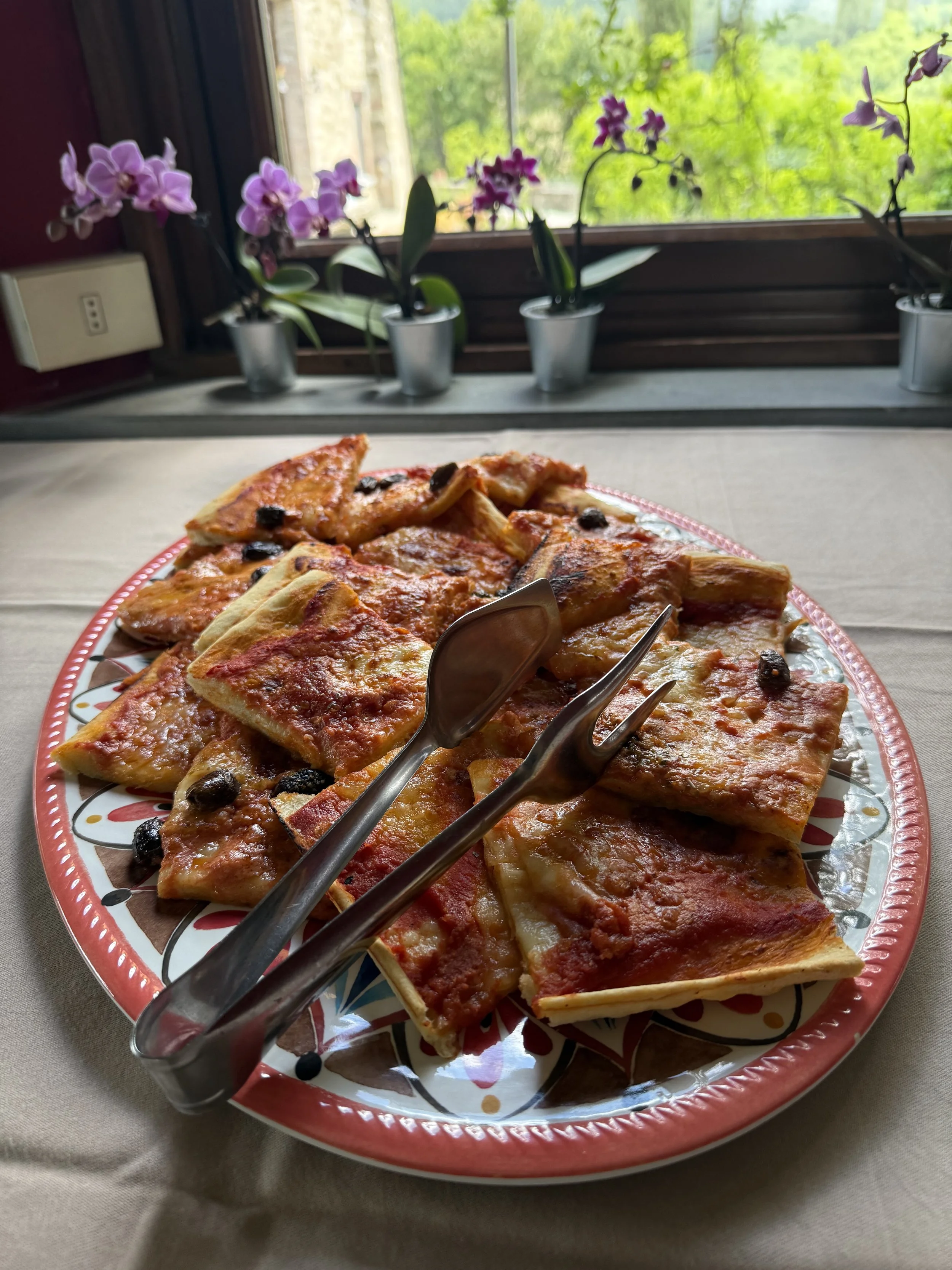 Close-up of a plate of pizza with cheese, pepperoni, and black olives, with a pair of tongs on a table near a window with potted orchids and a green outdoor scene in the background.