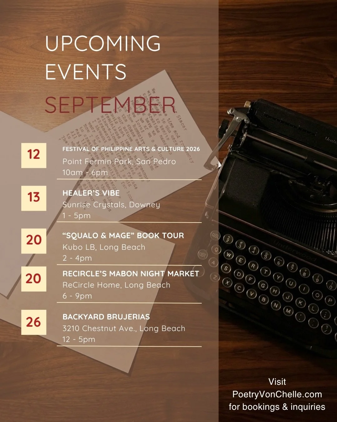 September is for fresh pages, standing at the edge of spooky season, and poems written just for you. ✍️✨

Come say hello, bring the feelings, and I&rsquo;ll bring the words. 

See you at one of these dates! 💖

#typewriterpoet #livepoetry #supportloc