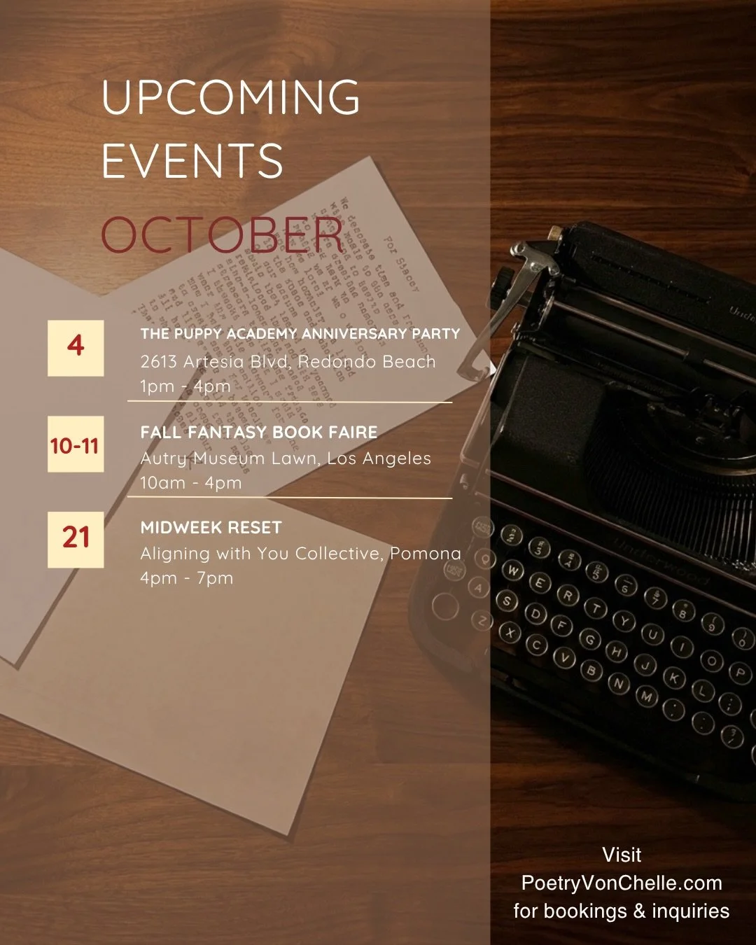 I&rsquo;ll be popping up at these events for a very busy October! And for the very first time in my whole poetry journey&hellip; the number of my booked private events outnumber my market pop ups. 🎉

If you would love to get a poem but couldn&rsquo;