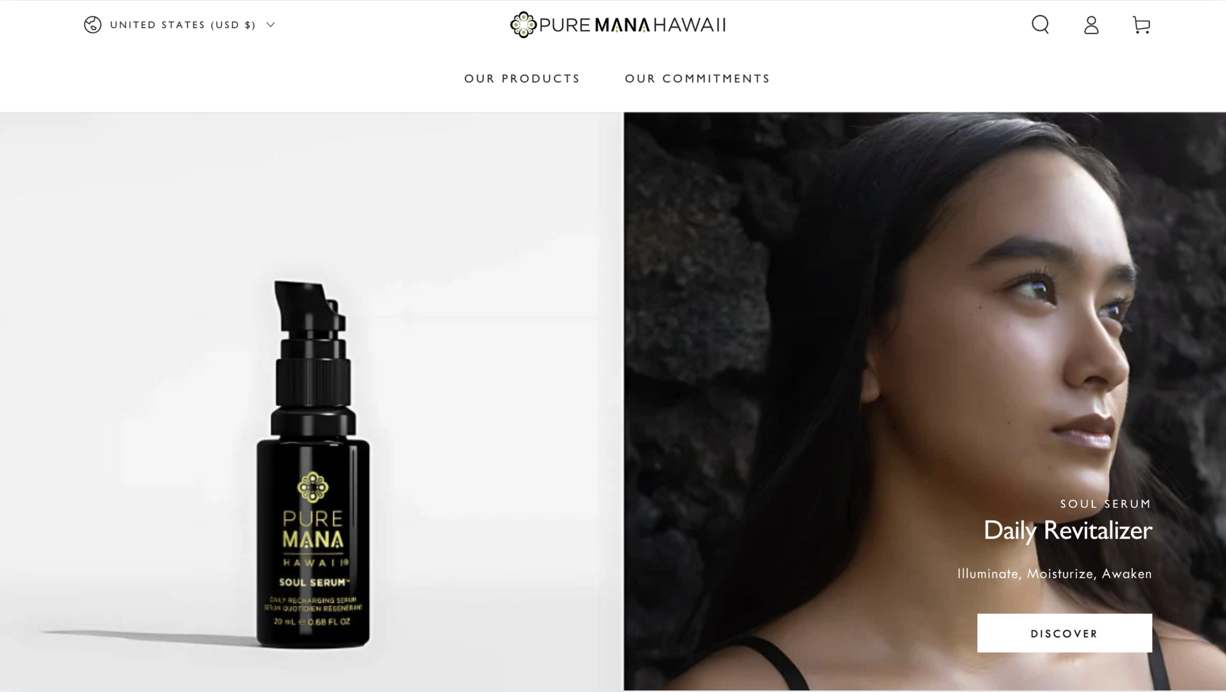 A webpage from Pure Mana Hawaii featuring a black bottle of Soul Serum with a pump top on the left side, and a woman with dark hair and a radiant complexion gazing into the distance on the right side, promoting the Daily Revitalizer serum.
