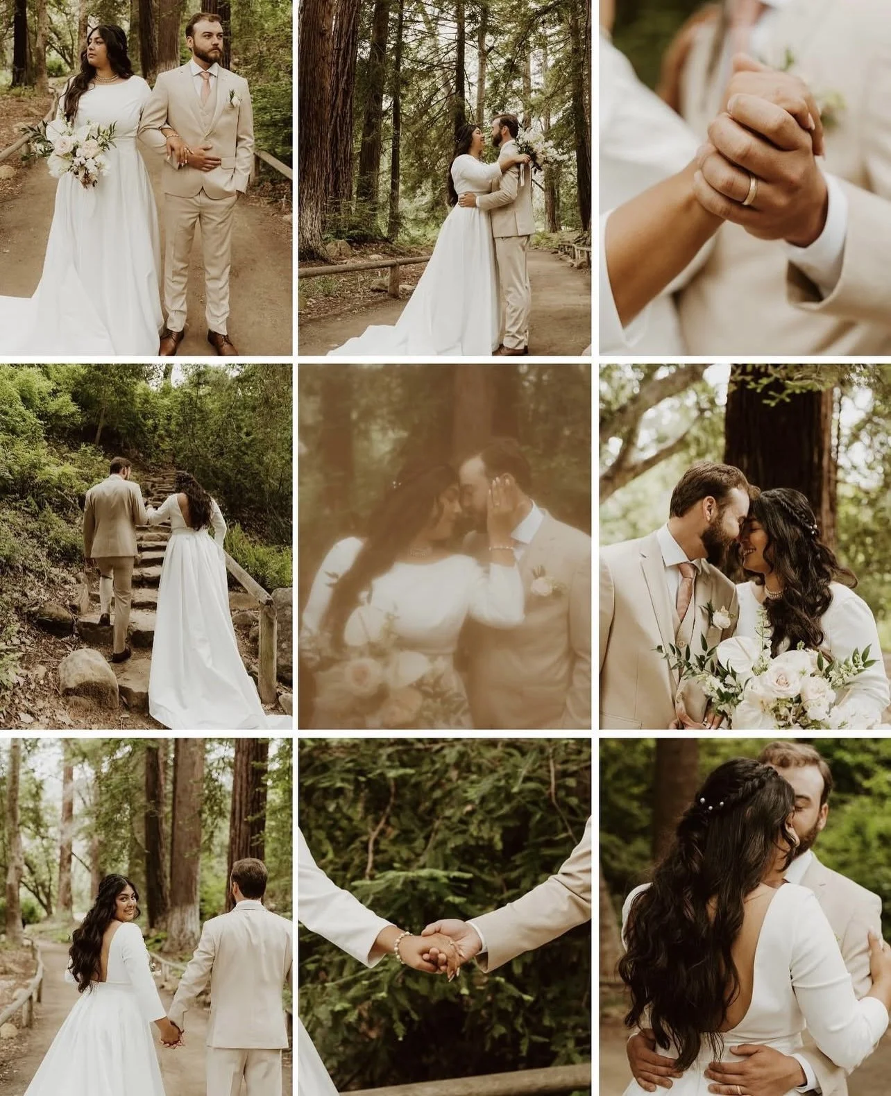 A collage of nine wedding photos featuring a couple in a forest setting, including portraits, walking hand in hand, and holding hands.