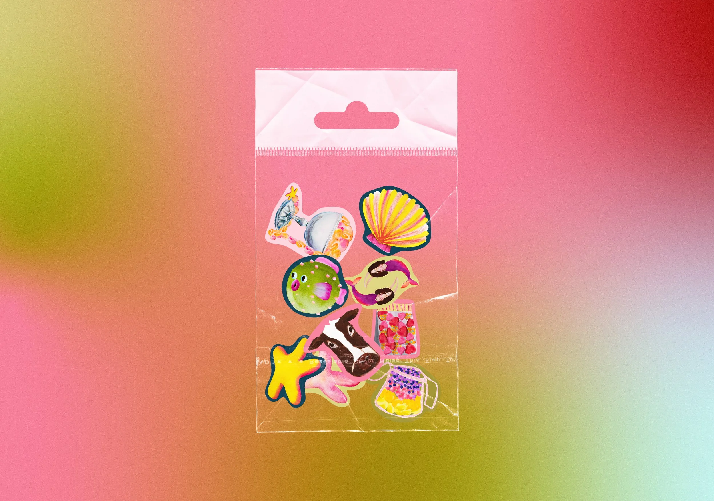 Colorful stickers of various shapes and characters are arranged on a clear sheet of plastic against a pink-to-green gradient background.