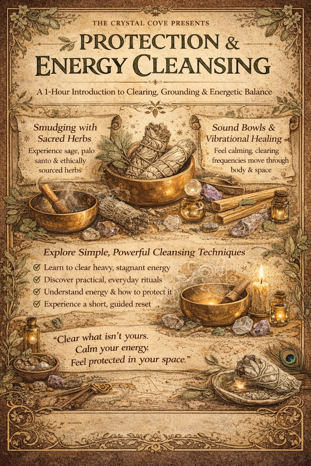 A detailed poster advertising a workshop titled 'Protection & Energy Cleansing' by The Crystal Cove. It features images of smudging herbs, sound bowls, candles, and crystals, with sections on sacred herbs, sound healing, and cleansing techniques. The poster includes bullet points on energy clearing, rituals, and a quote about protecting personal space.