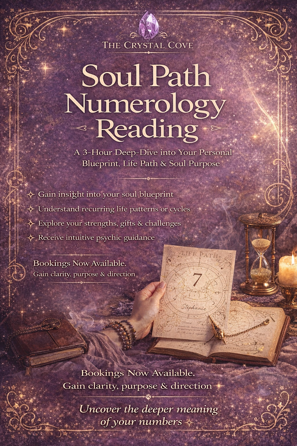 A promotional flyer for the Soul Path Numerology Reading session, featuring a purple galaxy background with golden decorative borders, a crystal, an hourglass, candles, and a person holding a card with a number and a hand-written name, promoting a 3-hour deep-dive into personal life blueprints and soul purpose.