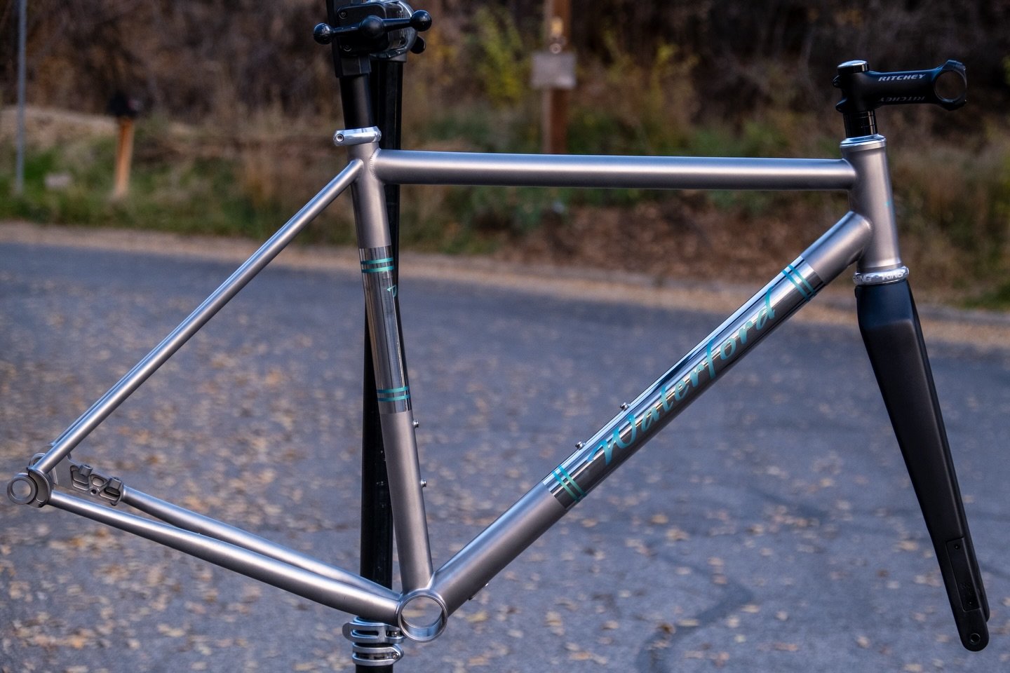 (Update: SOLD)
Waterford 55-Series Titanium MADE Show Frame (Size-Medium) available for purchase. 

The first of its kind, a Waterford 55-Series Titanium gravel frame. This frame features Reynolds double butted top-tube, down-tube, and chainstays. Bu