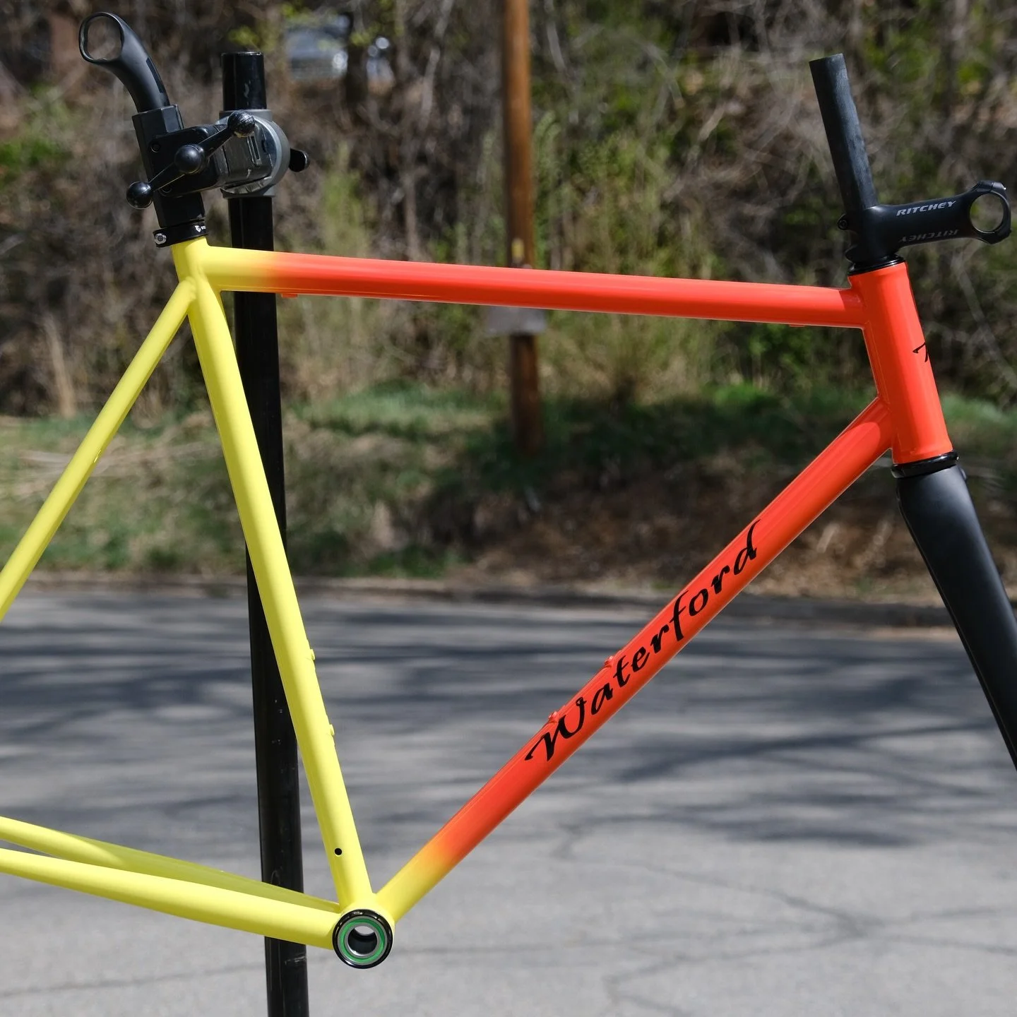 33-Series Road Rim Brake frame, beautifully finished with a sunrise fade by @darkmatterfinishing! 

Touch of Classic, in the Modern Day!!

TIG welded with @reynoldstechnology 853 steel butted tube set. Designed to run rear brake &amp; Di2 cable inter