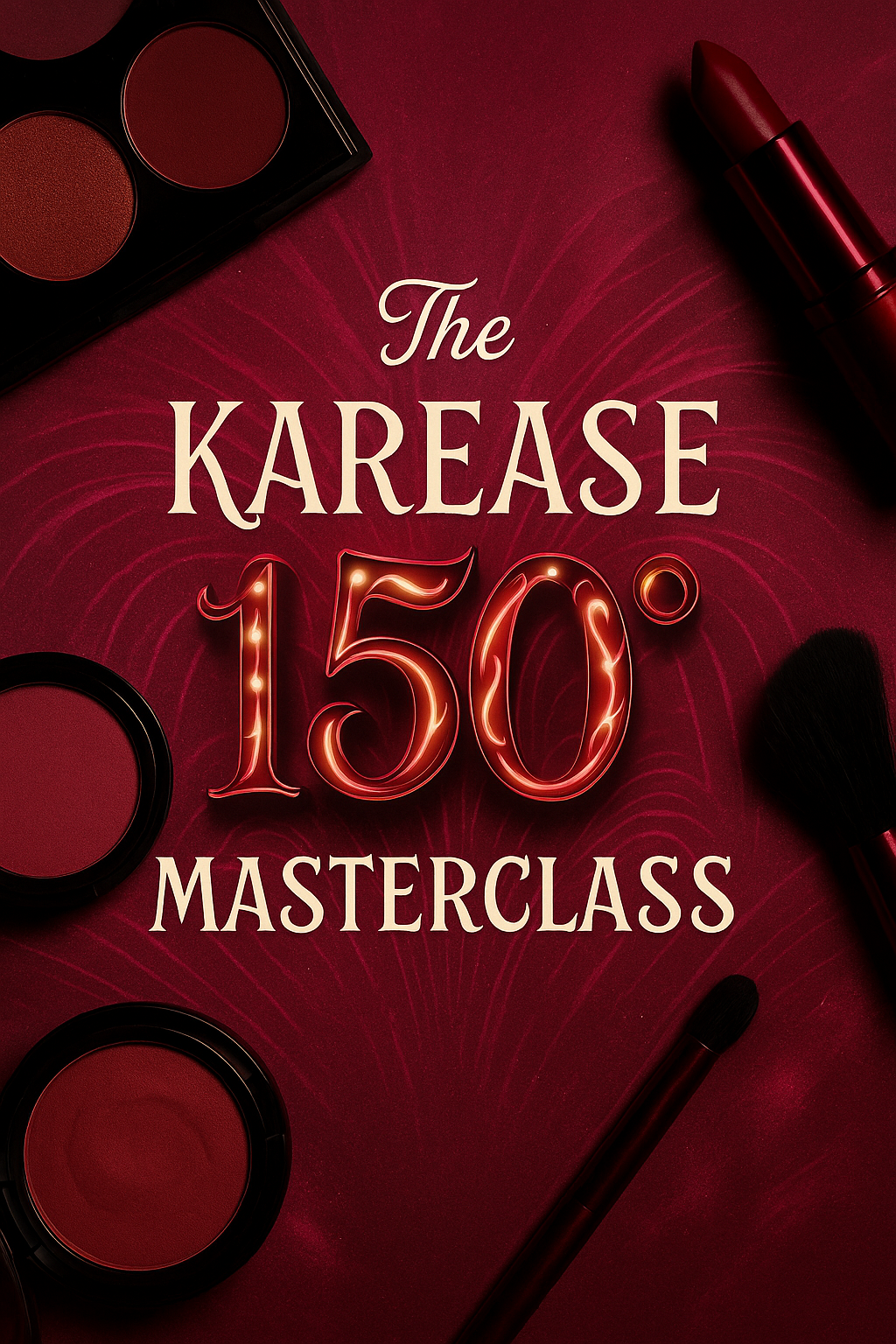 Poster for The Karease 150% Makeup Masterclass with a red background. The poster features makeup products including lipstick, brushes, and blush on the edges, with text in the center.
