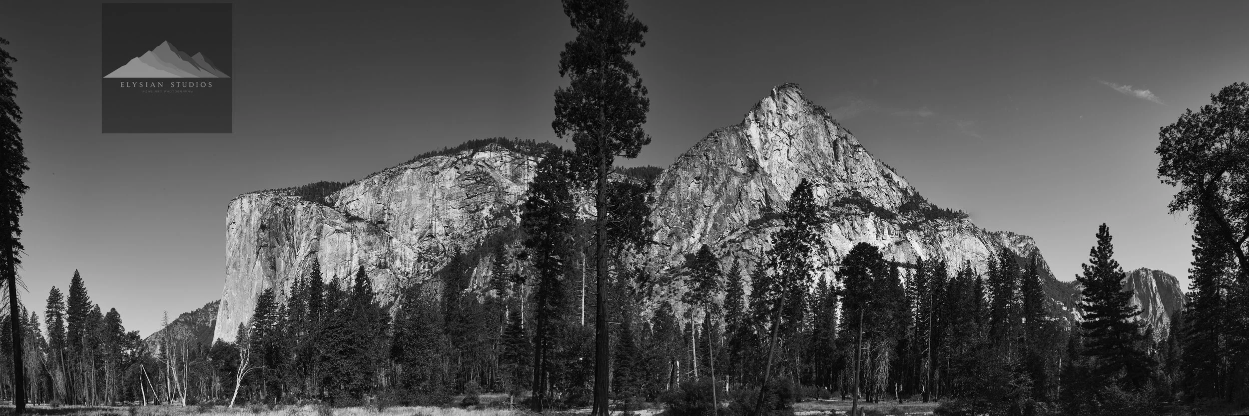 Black and white photo of a mountain range with tall trees in the foreground, featuring a prominent peaked mountain in the center.