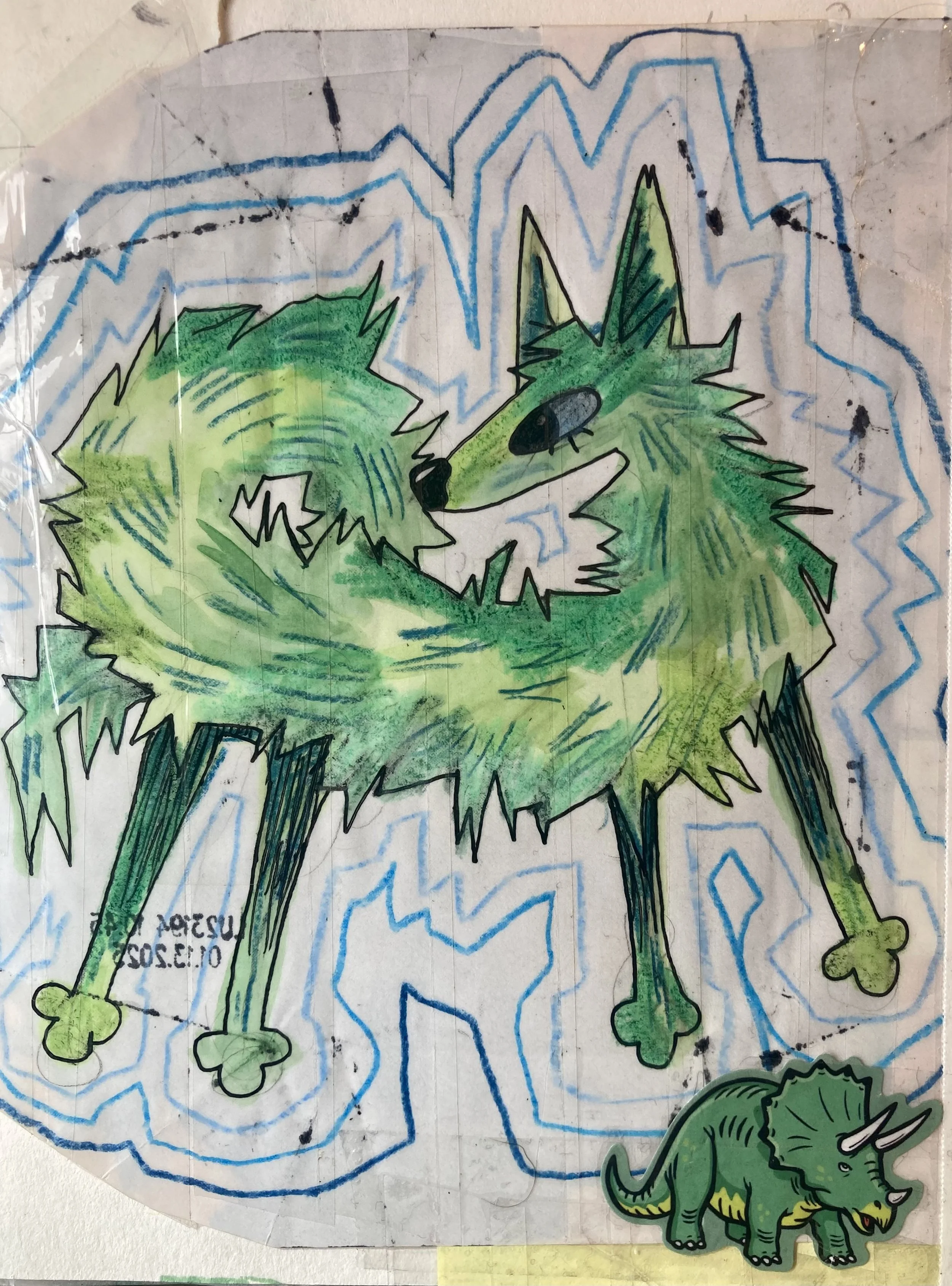 Abstract drawing of a green, spiky fox-like creature with a swirling tail, surrounded by blue zigzag lines; a green triceratops sticker is at the bottom.