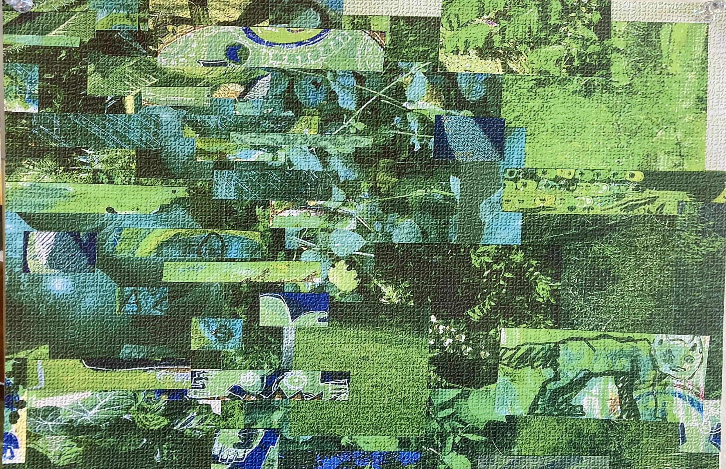Abstract collage with green and blue hues featuring leaves and landscape elements.