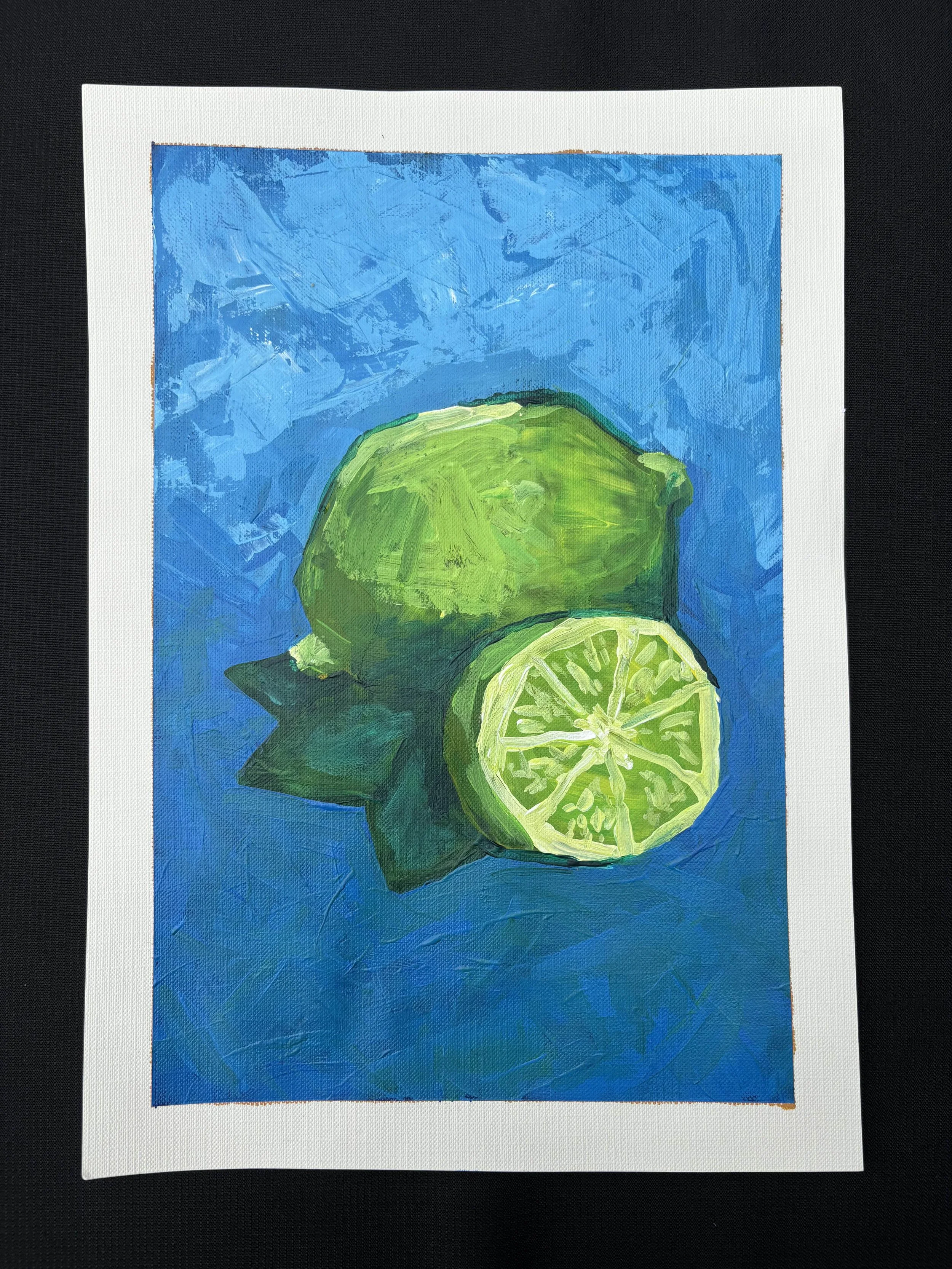 Painting of a whole lime and a lime half on a blue textured background.