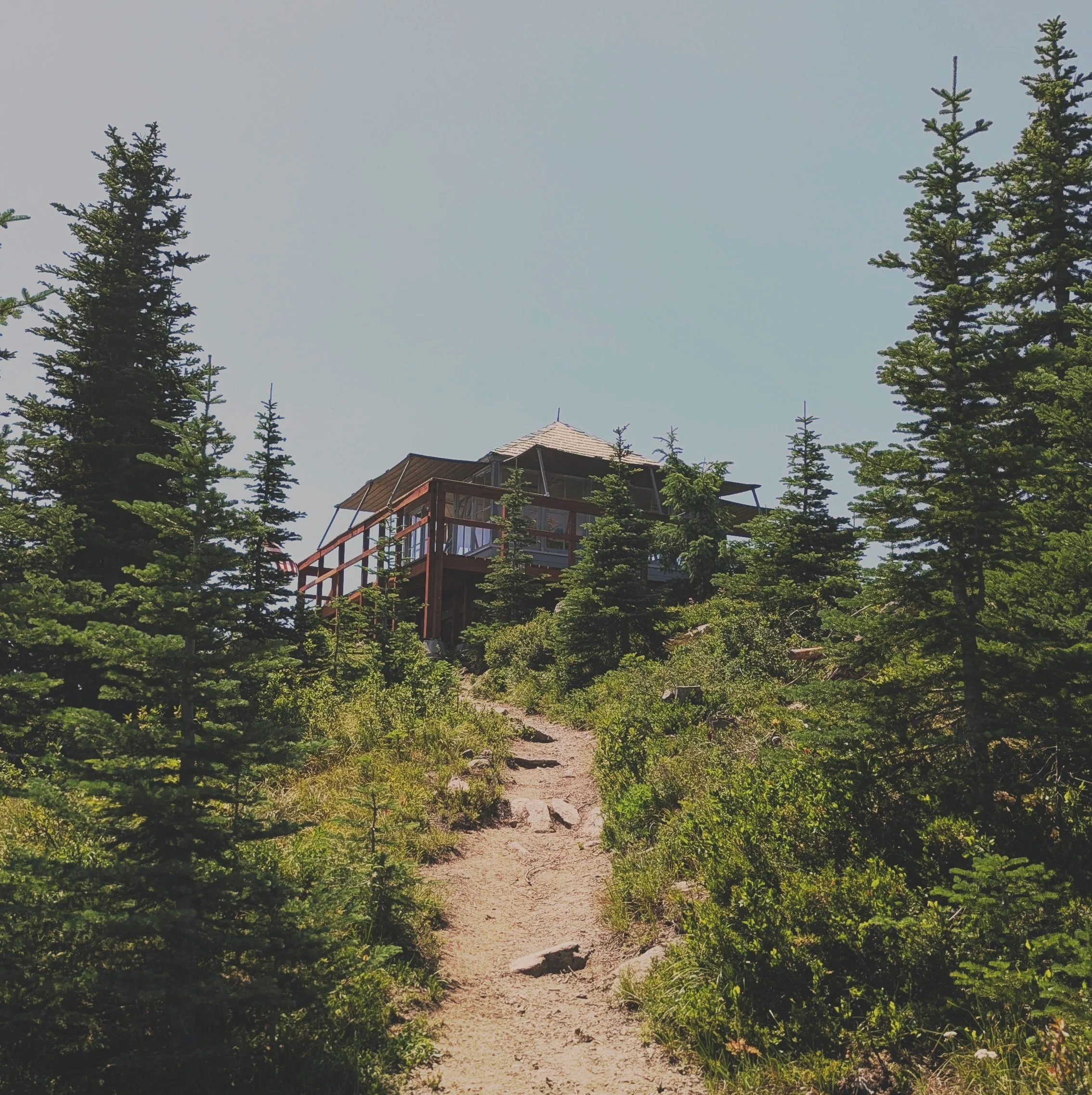 A dirt hiking trail surrounded by green trees leading to a wooden house on a hill, with clear blue sky above.