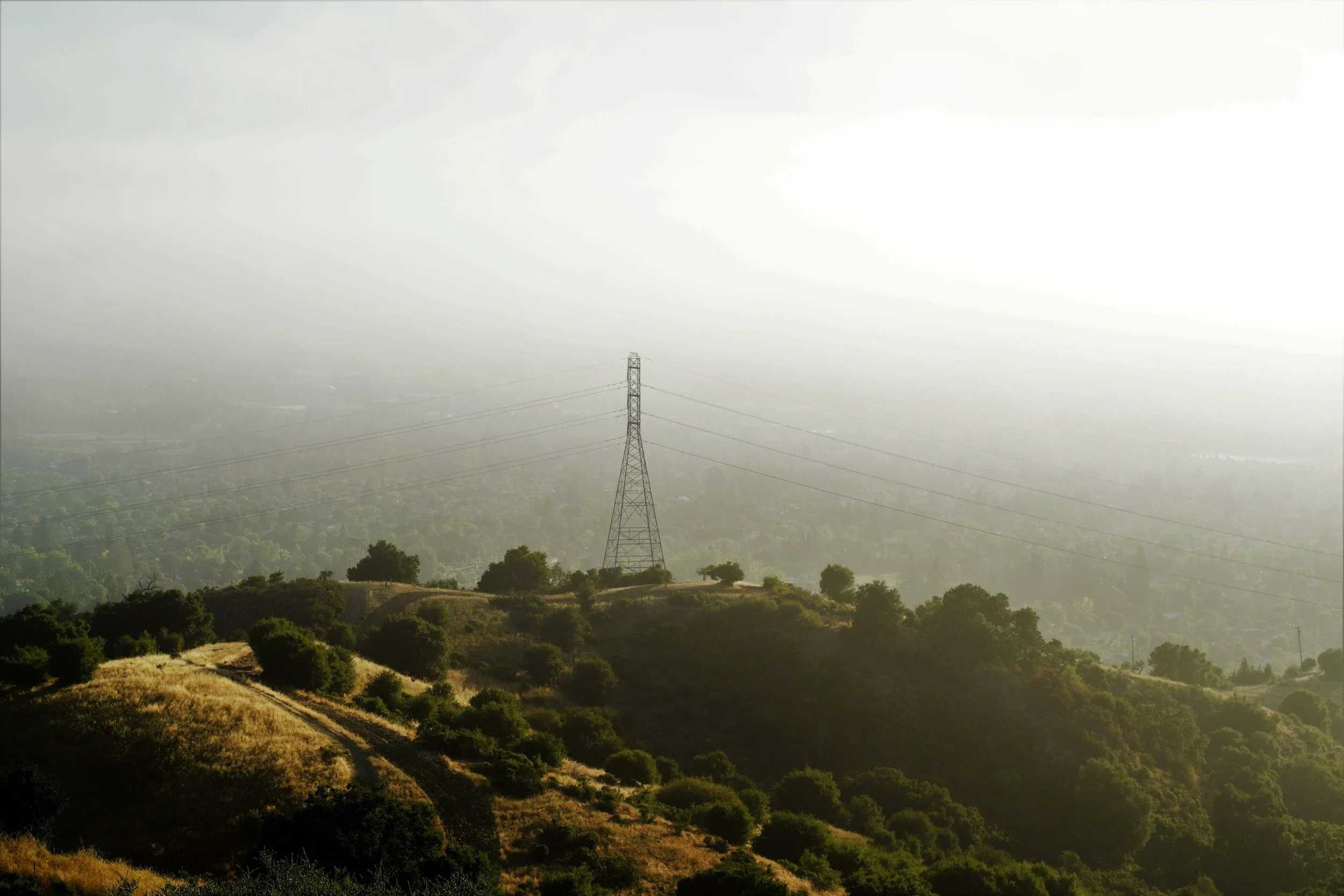 Hilly landscape with scattered trees and power lines, with a large transmission tower in the center, under a hazy sky.