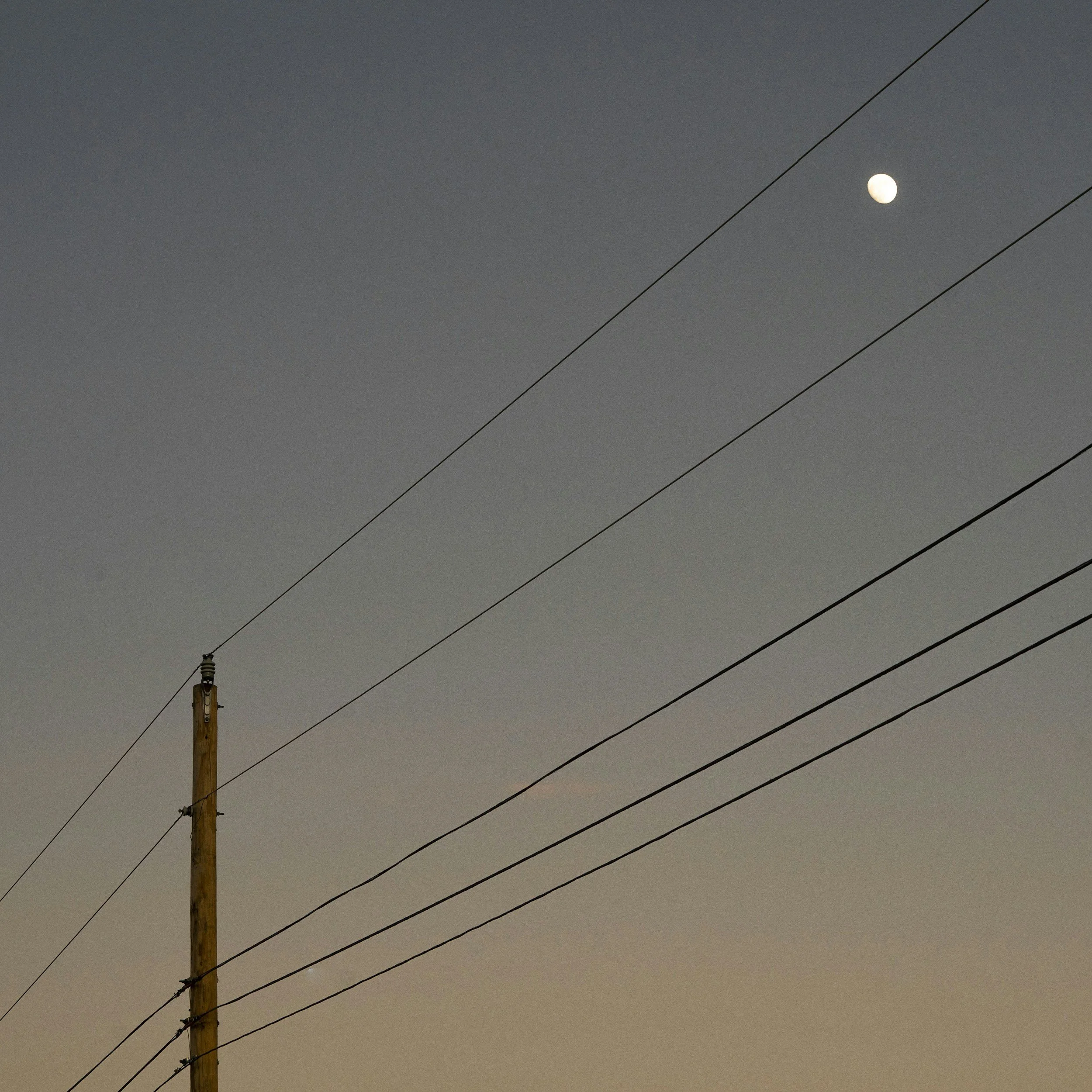 A utility pole with power lines against a dusky sky, with the moon visible in the upper right portion of the image.