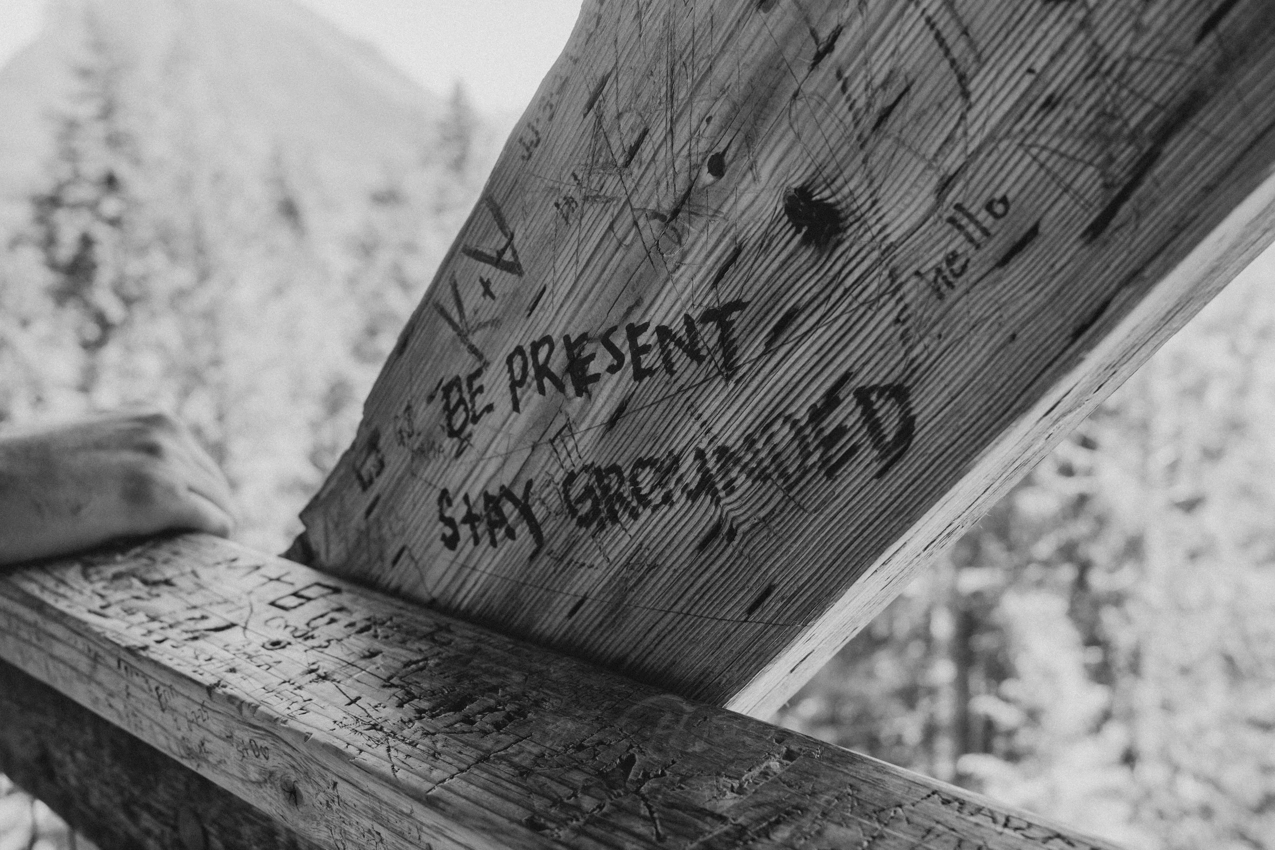 Close-up of a wooden sign with handwritten text that reads 'BE PRESENT, STAY GROUNDED,' in a forest with trees in the background.