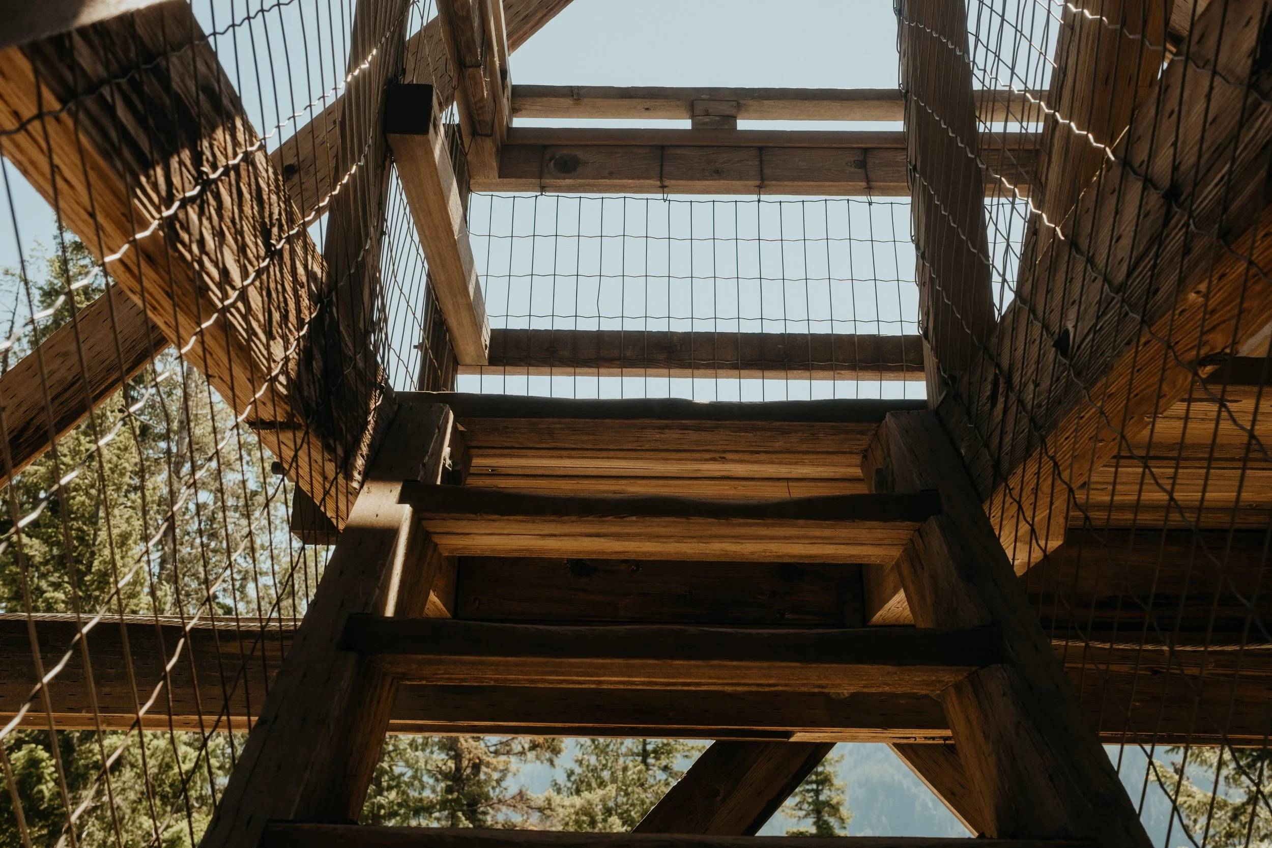 Looking up at a wooden staircase with a wire railing, leading to an outdoor platform, with trees and sky visible in the background.