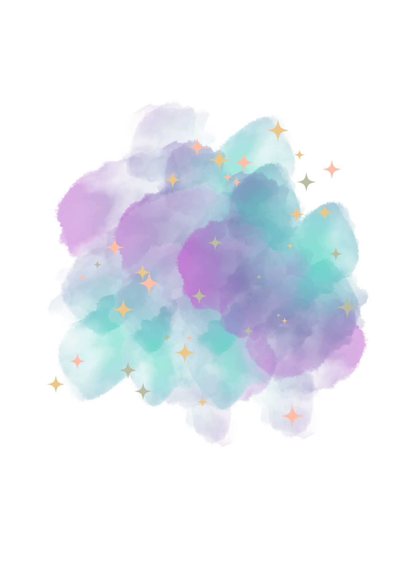 Colorful pastel cloud of watercolor with small star shapes scattered across it.