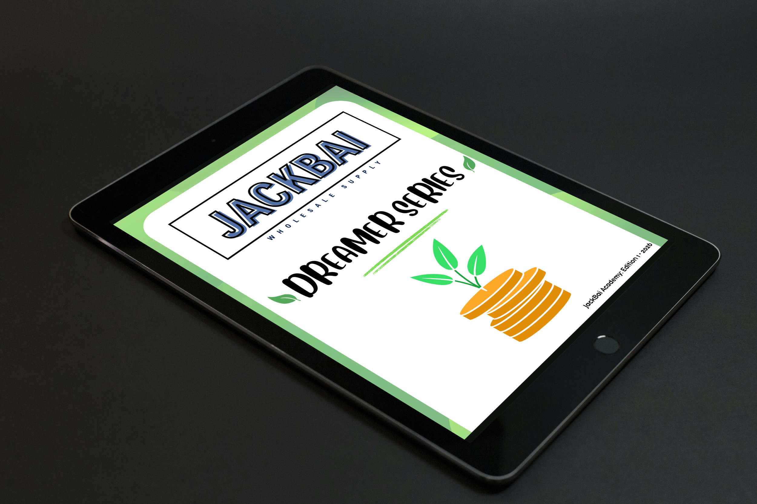 Digital tablet displaying the logo of JACBA WHOLESALE SUPPLY and an illustration of a plant and root vegetables.
