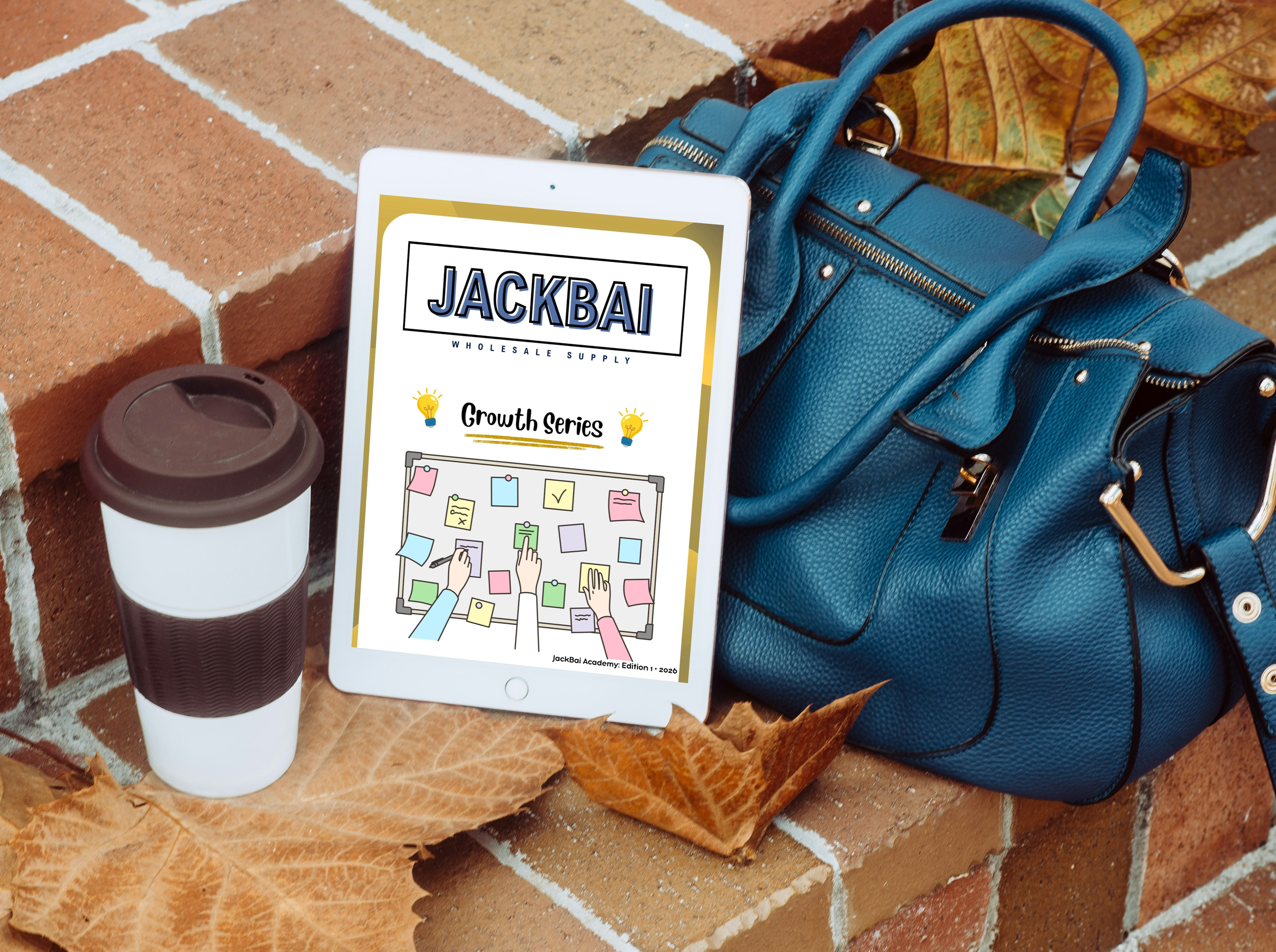 A tablet displaying a document titled 'JACKBAI' in front of a blue handbag and a brown-topped coffee cup, with fallen autumn leaves and a brick surface in the background.