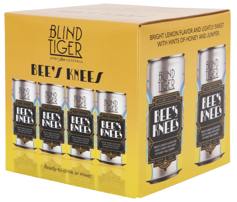 Yellow box containing four cans of Blind Tiger Bee's Knees spirit cocktails, with description of bright lemon flavor and hints of honey and juniper.