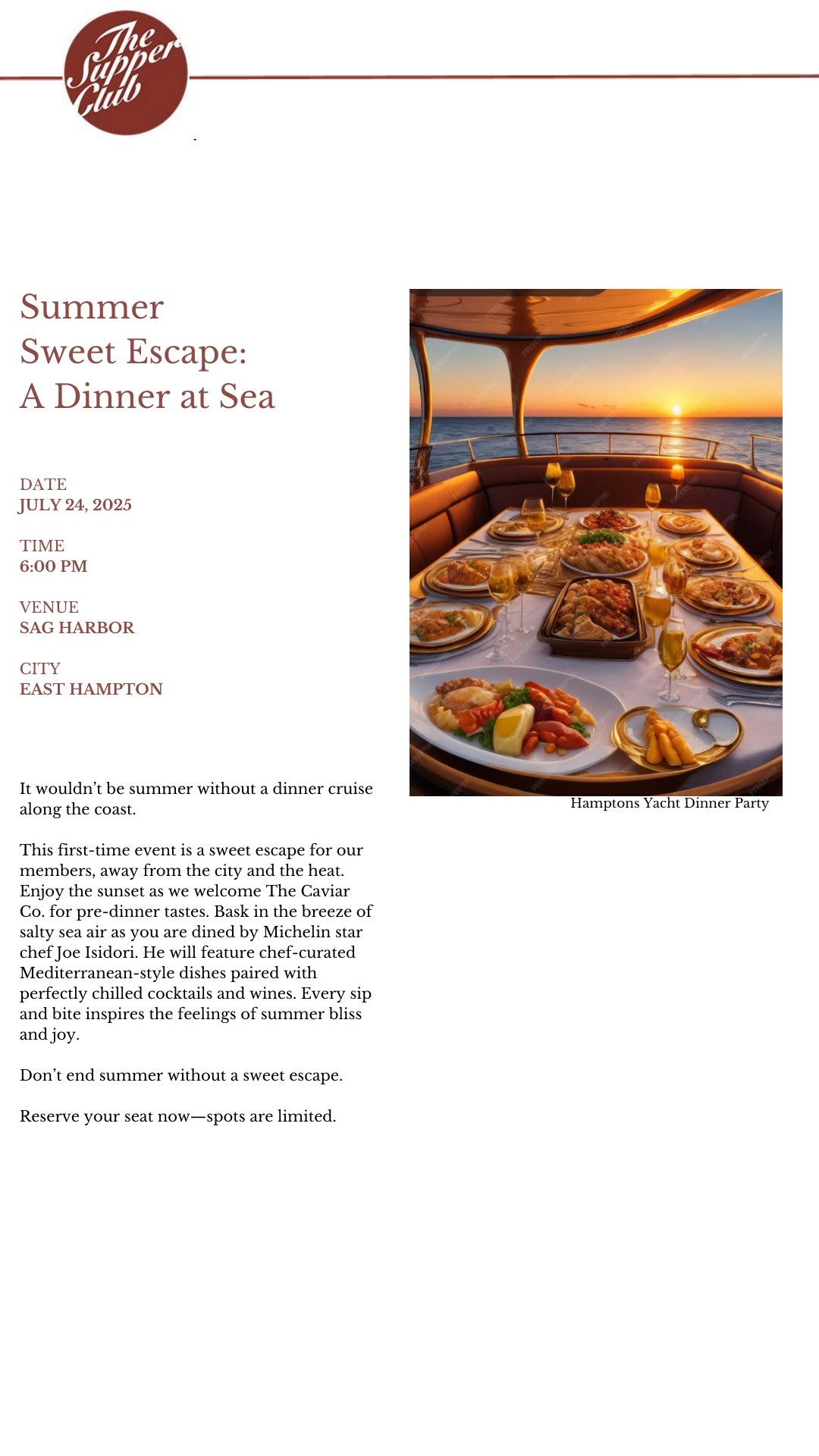Invitation to a dinner cruise event with a sunset view over the sea. The event features a beautifully set table with various dishes and drinks on a yacht.