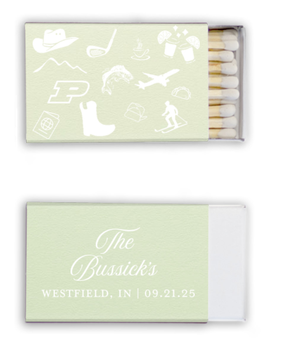 A matchbox with a pastel green design featuring white illustrations of a cowboy hat, golf club, cup of coffee, mountaintop, part of the Purdue University logo, a fishing boot, a globe, a snowboarder, a dolphin, an airplane, drinks, and snacks. The label on the matchbox says "The Bussick's" and includes the location Westfield, Indiana, with a date of September 21, 2025.