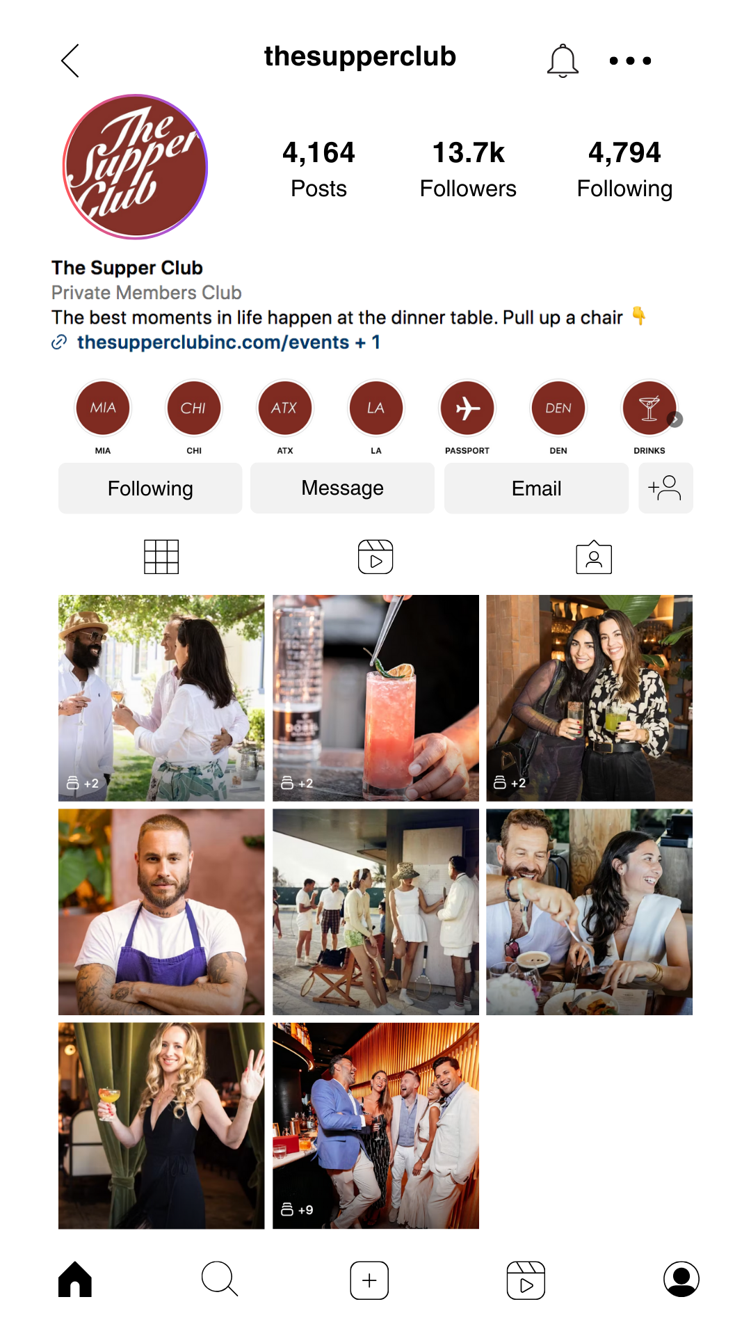 Instagram profile page for The Supper Club, showing posts of people socializing, dining, and enjoying drinks at a private members club.