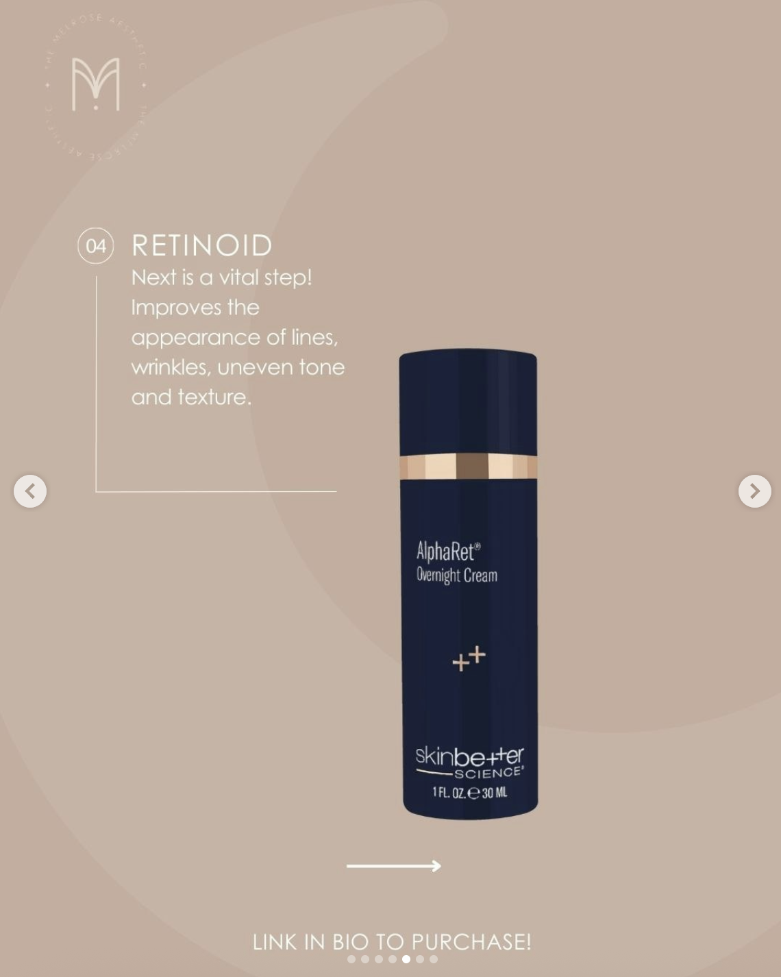 A bottle of SkinBetter Science AlphaRet Overnight Cream against a beige background, with text explaining that retinoids improve the appearance of lines, wrinkles, uneven tone, and texture.