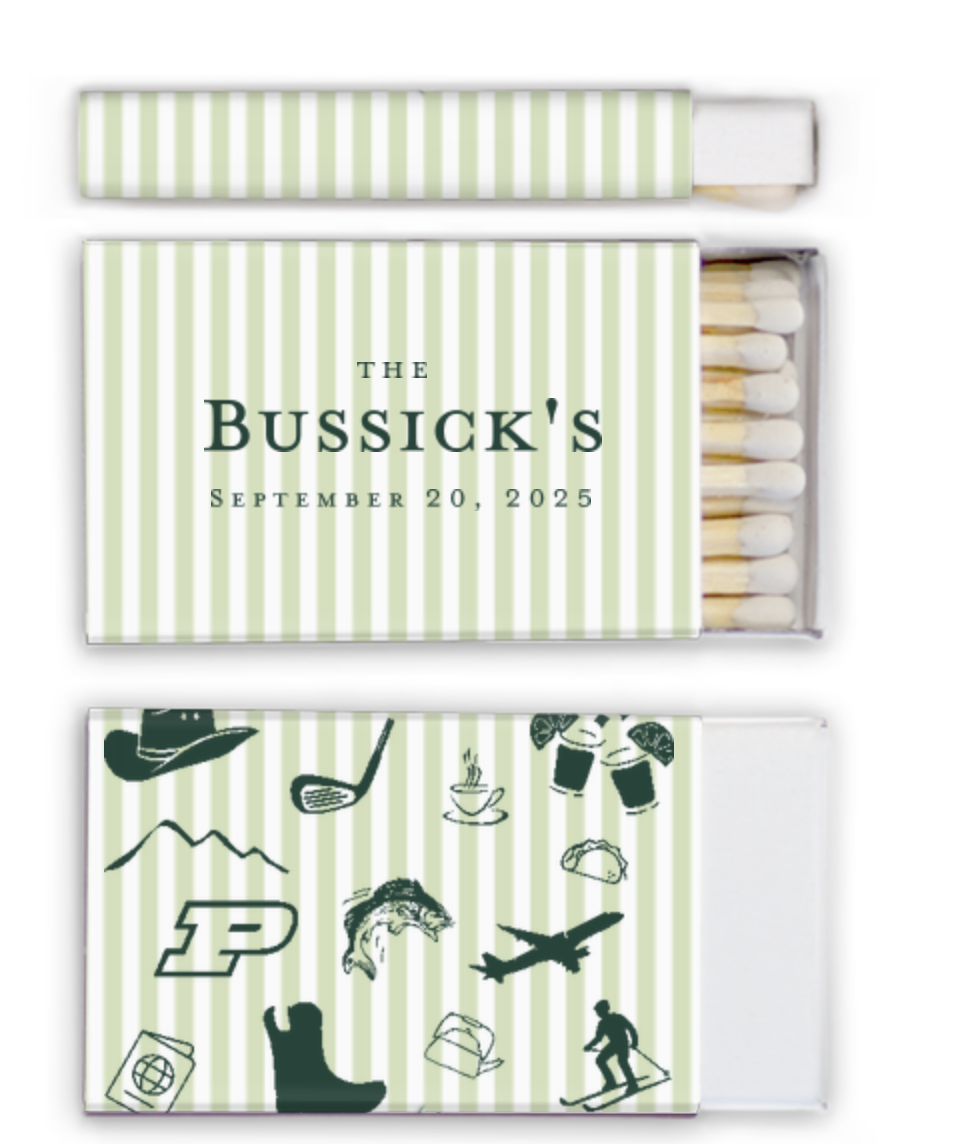 Box of matches with a custom cover for the Busschick's event on September 20, 2025, featuring striped pattern and various illustrated icons such as a hat, mountains, Purdue University logo, football helmet, and travel symbols.