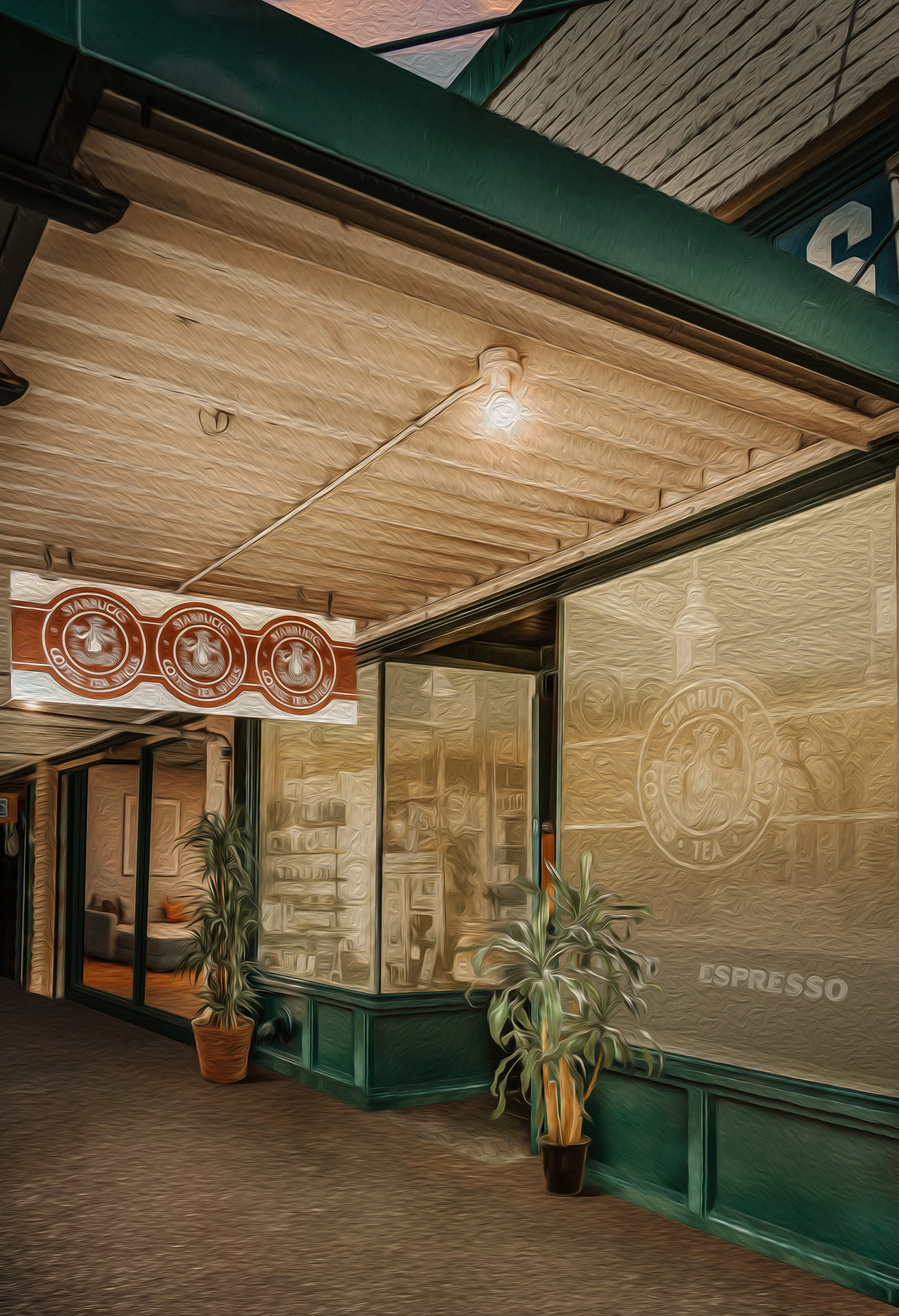 Entrance of the original Starbucks coffee shop in Seattle with a wooden ceiling, green and beige walls, potted plants, and an espresso counter with a glass display case.