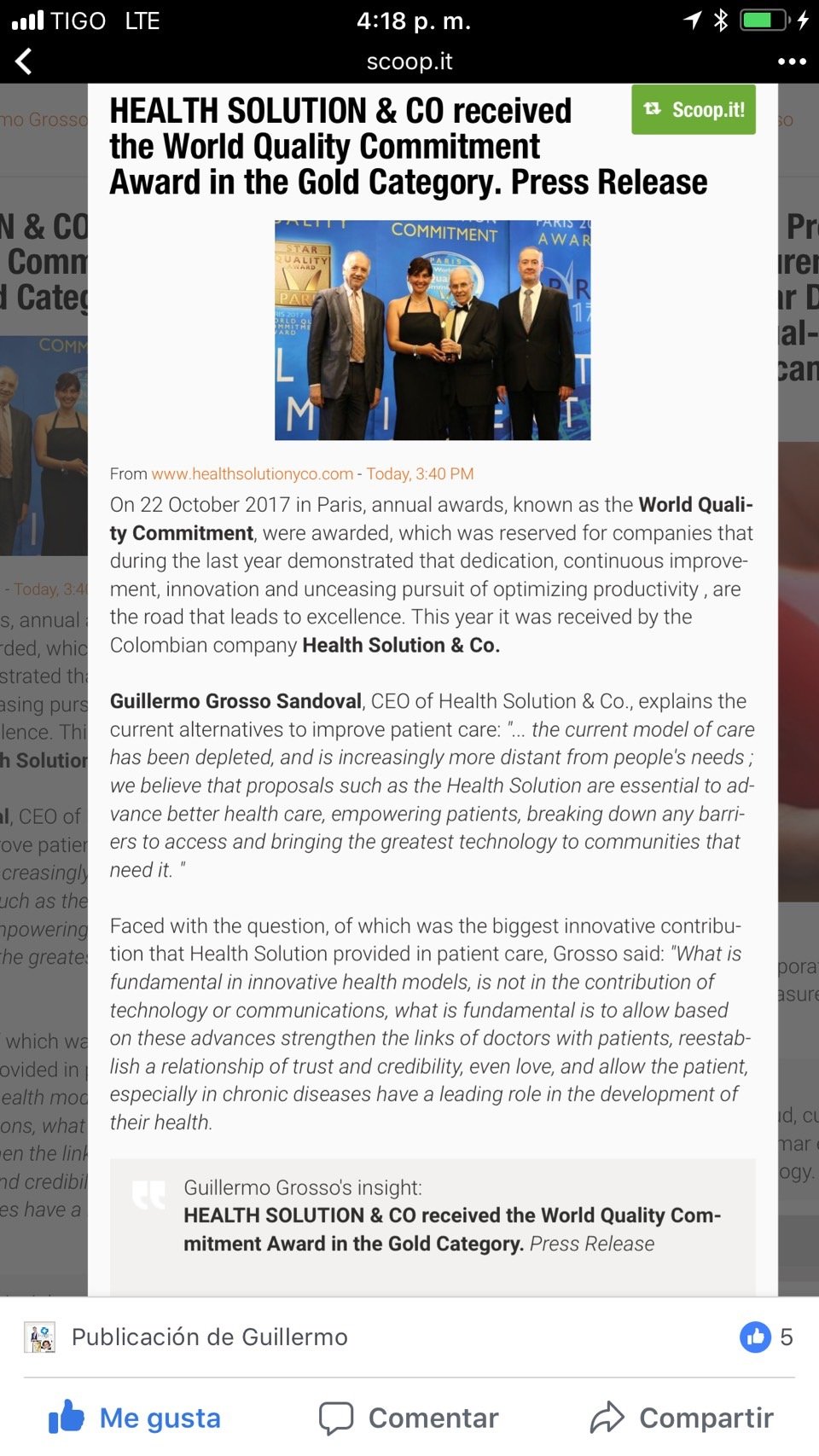 Crónica Parisina Premio Gold World Quality Commitment