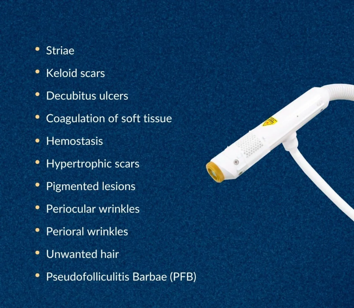 A medical device with a list of skin conditions, including scars, ulcers, bleeding, scars, wrinkles, lesions, and unwanted hair, against a blue background.