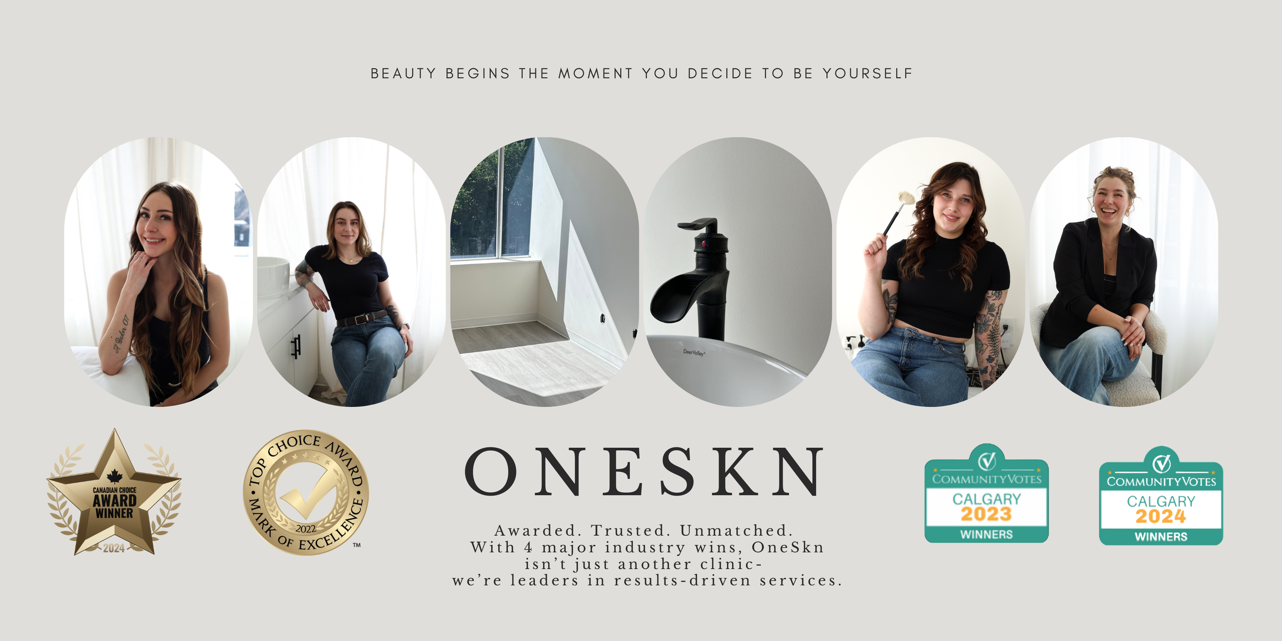 A promotional banner for Oneskn featuring five photos of a woman with long hair in different poses, awards, and praise for industry leadership. The top text says, 'Beauty begins the moment you decide to be yourself.' The bottom text highlights industry awards and leadership in results-driven services.
