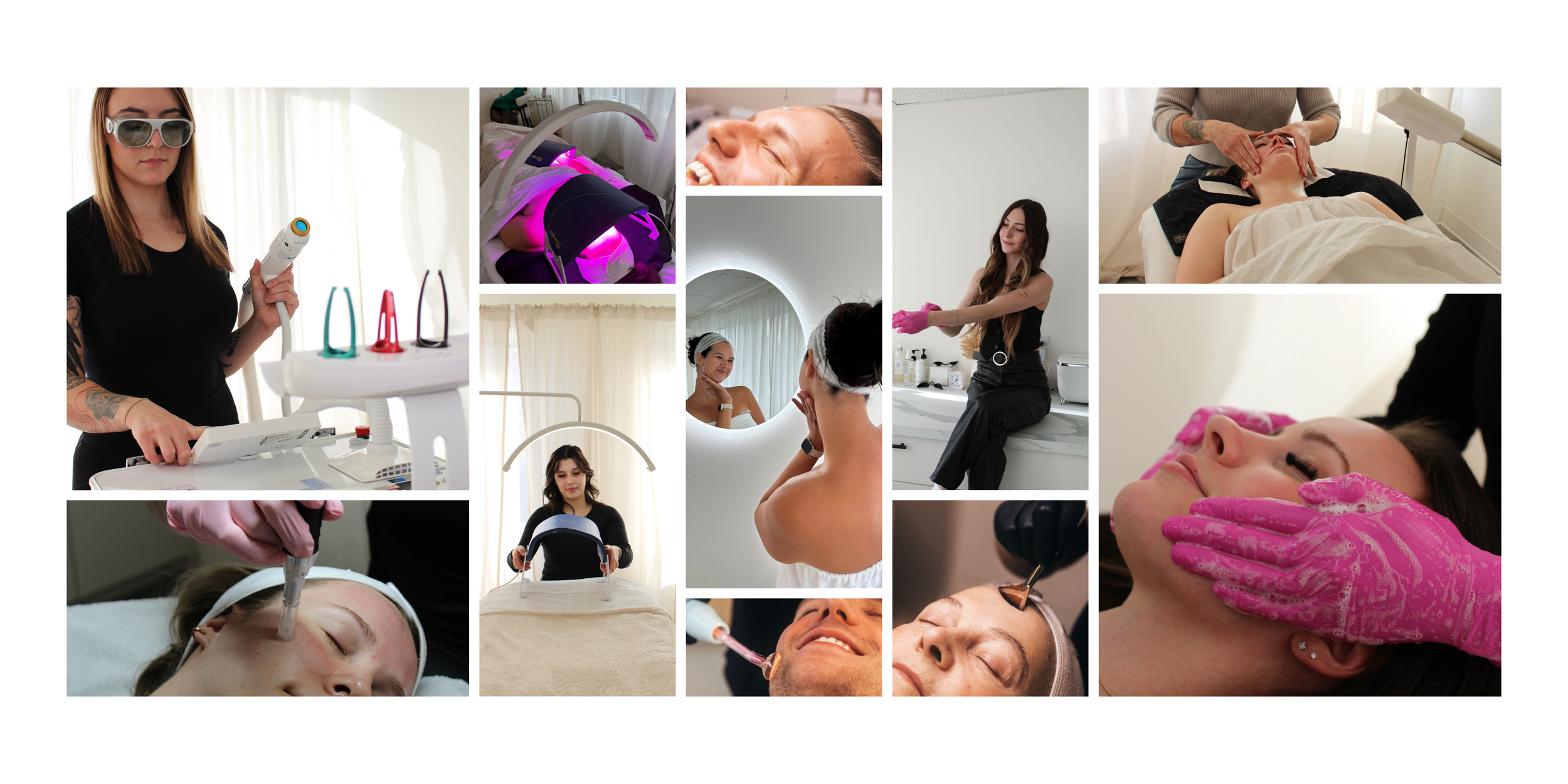 Collage of women receiving beauty treatments such as laser therapy, facials, microdermabrasion, and skincare in a spa setting.