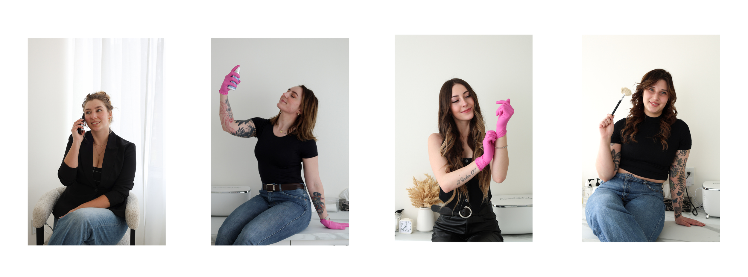 Four women with tattoos and dark hair in a light room, each engaged in different activities: talking on the phone, holding a spray bottle and wearing pink gloves, posing with a brush and smiling, and sitting on a table with a black crop top and jeans.