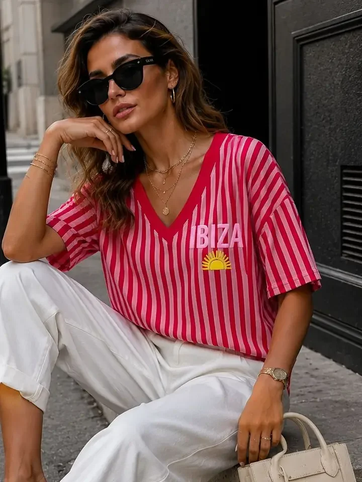 Oversized Striped V-Neck T-Shirt Printed "Ibi"