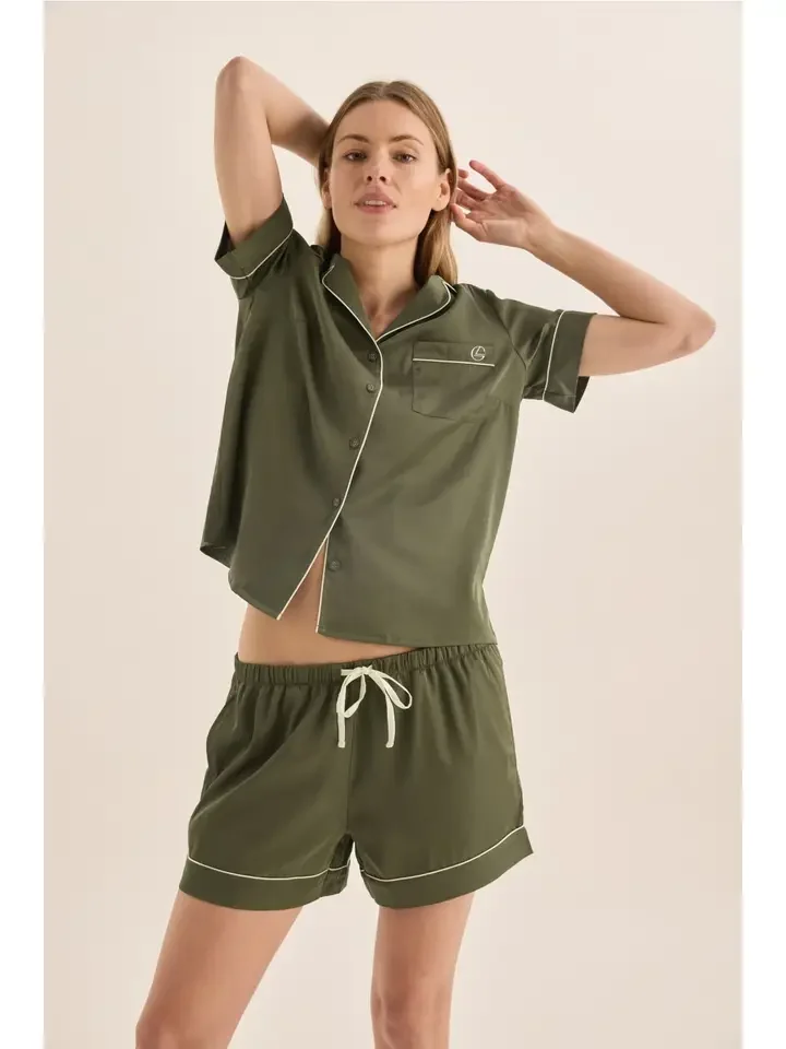 Sonia Olive Satin Short Pj Set