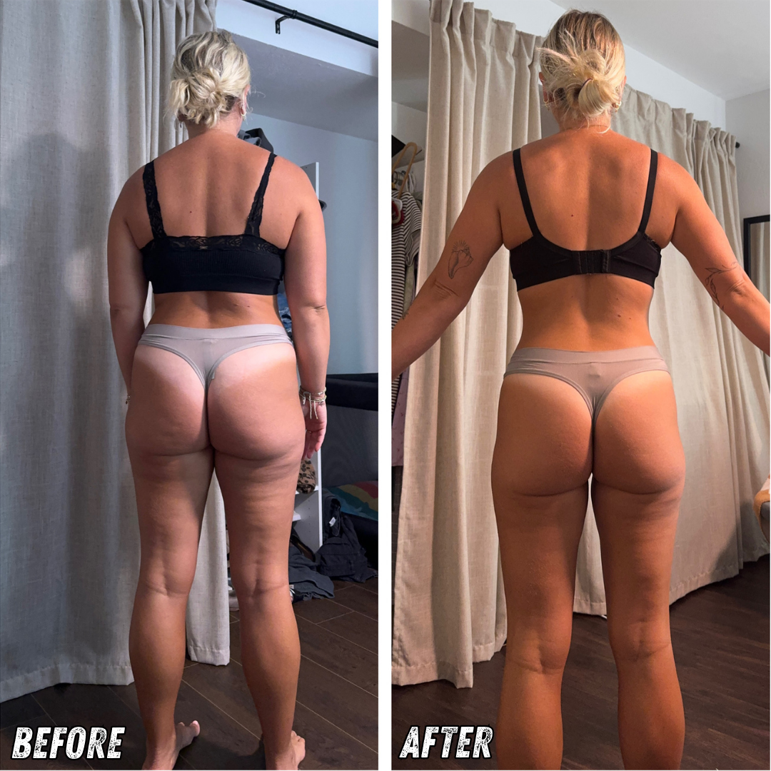 Side-by-side photos of a woman showing the back view before and after a fitness transformation. In the 'before' photo, she has more body fat, especially on her thighs and lower back. In the 'after' photo, her body appears more toned and slimmer with less body fat.