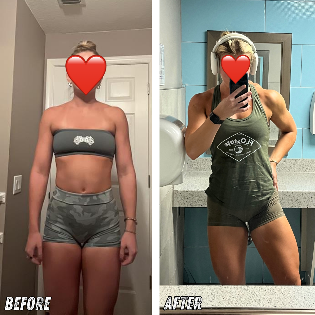 Side-by-side comparison of a woman before and after fitness transformation. In the left photo, she is wearing a gray strapless top and camouflage shorts, standing indoors with neutral-colored walls. In the right photo, she is in a gym or locker room, wearing a green tank top and shorts, with headphones, taking a mirror selfie. Her physique appears more toned and muscular in the after photo.