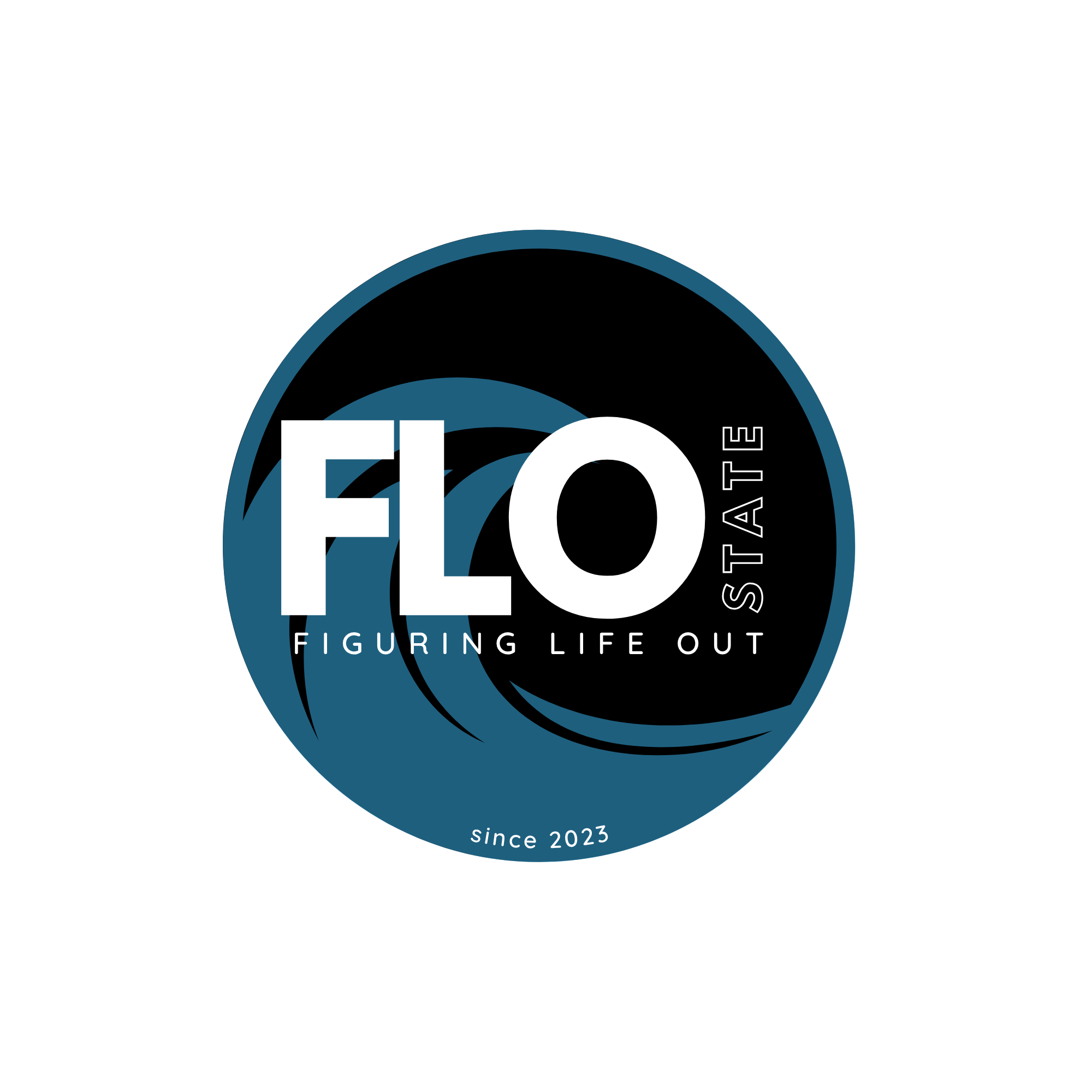 Logo for Flo State featuring a stylized wave design and the text 'Flo State Figuring Life Out since 2023'.