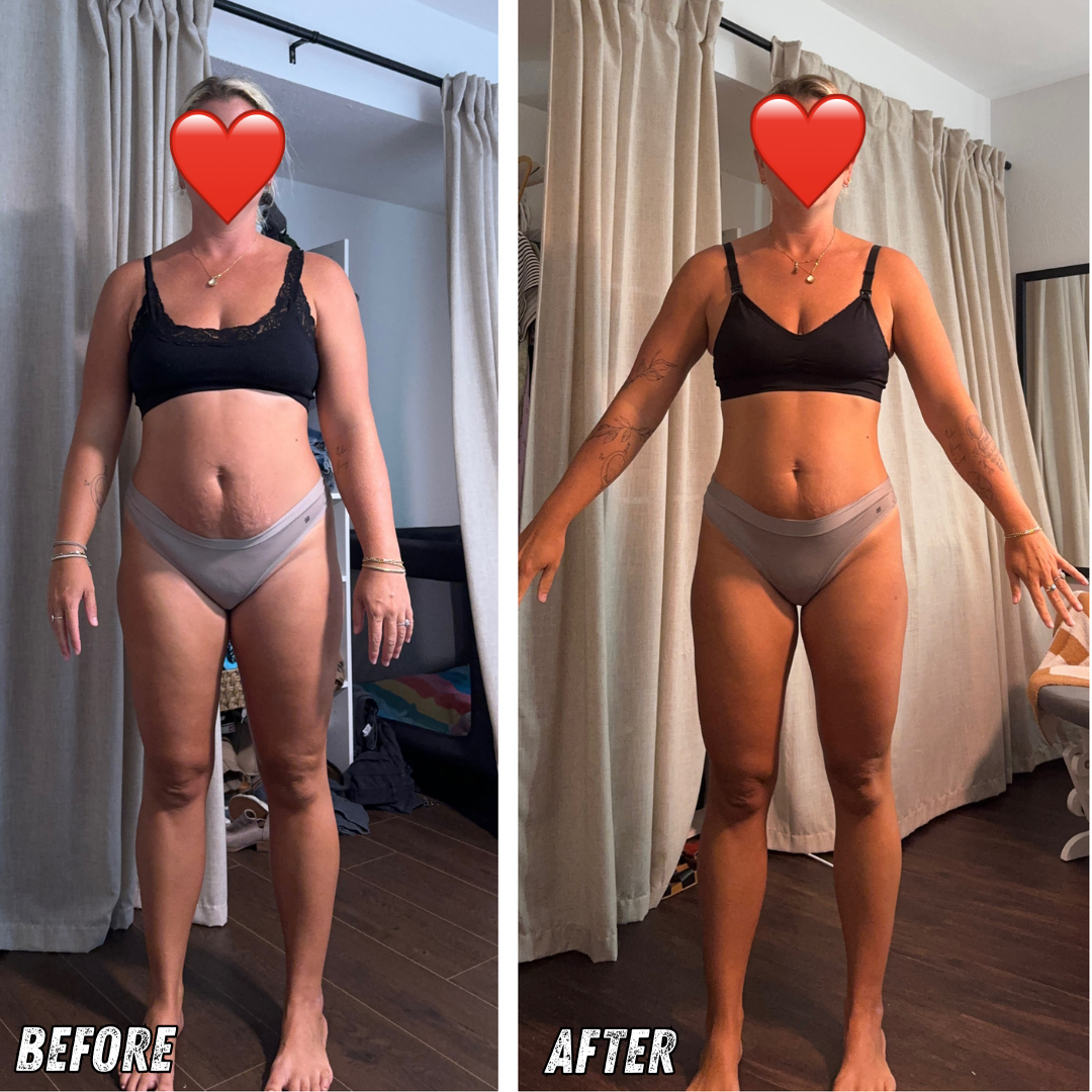 Side-by-side comparison of a woman before and after fitness transformation, wearing black sports bras and light-colored underwear, standing in front of beige curtains, showing toned physique and weight loss progress.