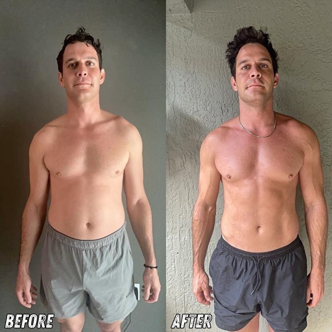 Side-by-side comparison of a shirtless man before and after a fitness transformation. In the before photo, he has a lean physique with less muscle tone. In the after photo, he appears more muscular with increased definition. Both photos show him standing against a neutral background.