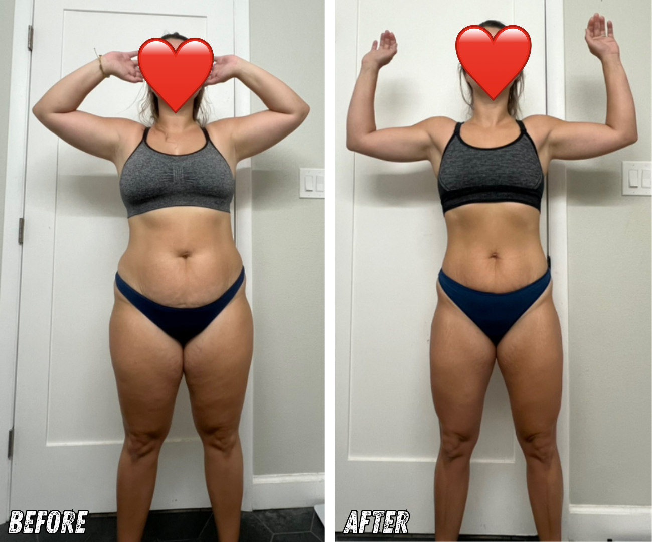 Side-by-side comparison of a woman’s fitness transformation, showing her body before and after a workout or diet regimen, with the before on the left and after on the right.
