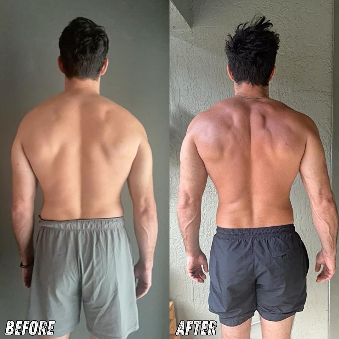 Side-by-side comparison photo of a man's back showing a fitness transformation; left side labeled 'Before' with a slimmer physique, right side labeled 'After' showing more muscular, toned back muscles.