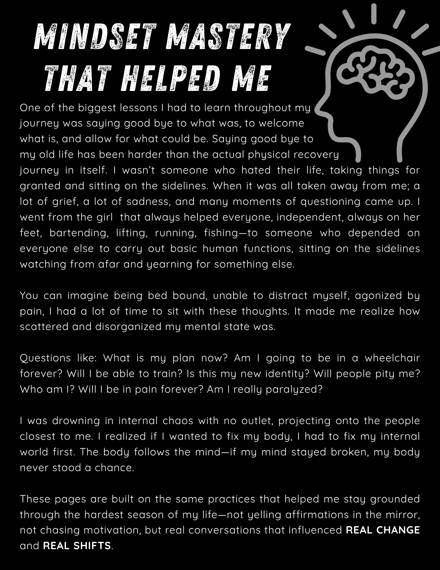 Inspirational quote about mindset mastery with an illustration of a brain inside a human head outline on a black background.