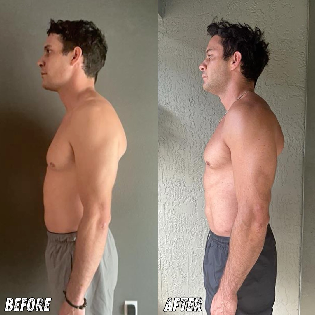 Side-by-side comparison of a shirtless man before and after a fitness transformation, showing improved muscle tone and posture.