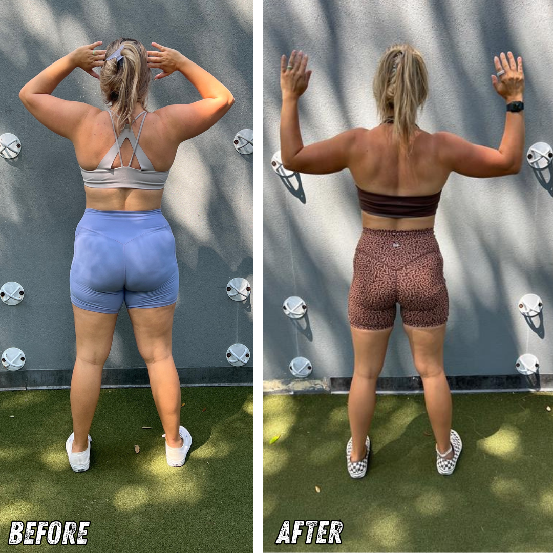 Side-by-side comparison of a woman before and after a fitness transformation. In both images, she is seen from the back, wearing activewear, with her arms raised and flexing. The "before" photo shows her wearing a beige sports bra and light blue shorts, while the "after" photo shows her in a brown sports bra and patterned shorts, with visibly more muscle definition.