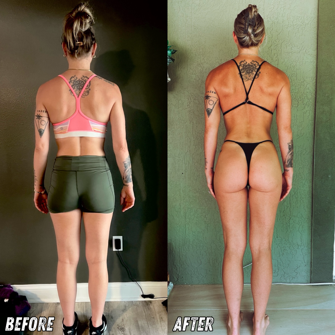 Comparison photo showing a woman's back before and after a body transformation. In the 'before' image, she wears a pink sports bra and green shorts; in the 'after' image, she wears black strappy underwear. She has tattoos and her hair styled in a bun.