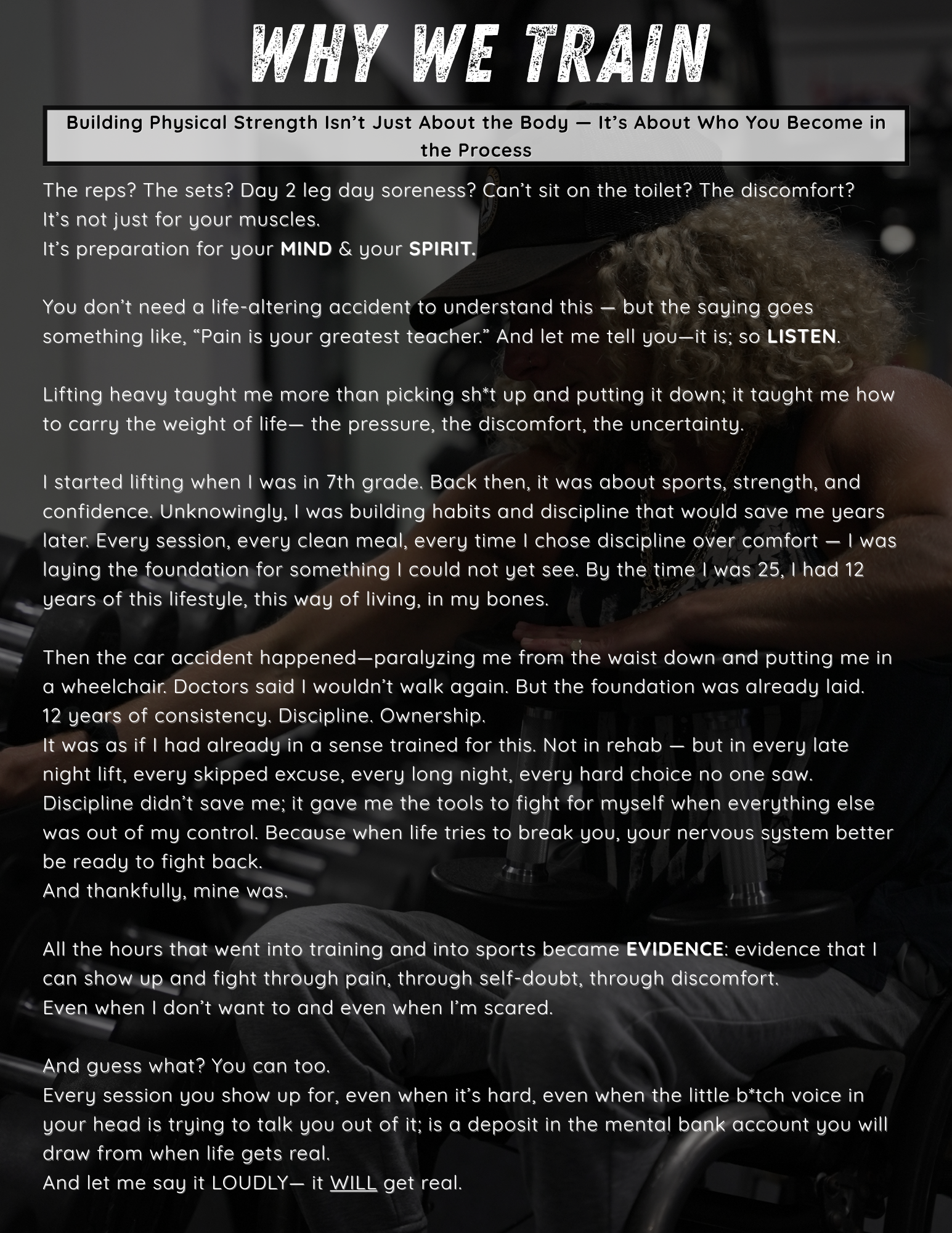 Text titled 'Why We Train' discussing building strength through mental and physical discipline, personal stories of overcoming setbacks, and the importance of consistent effort in training.
